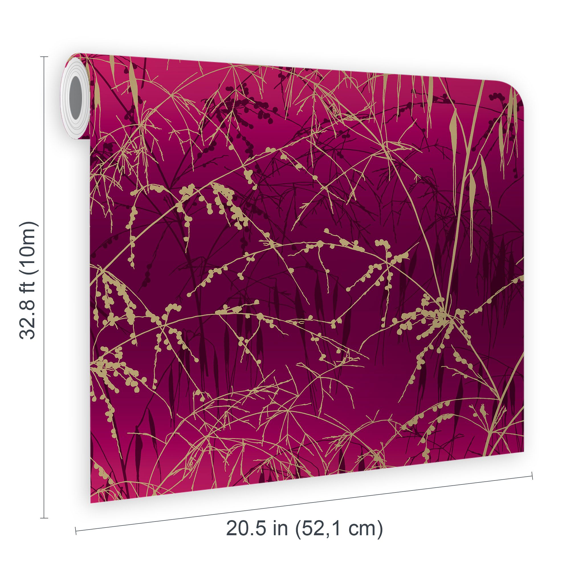 Clarissa Hulse Meadow Grass Damson Pink & Gold effect Smooth Wallpaper
