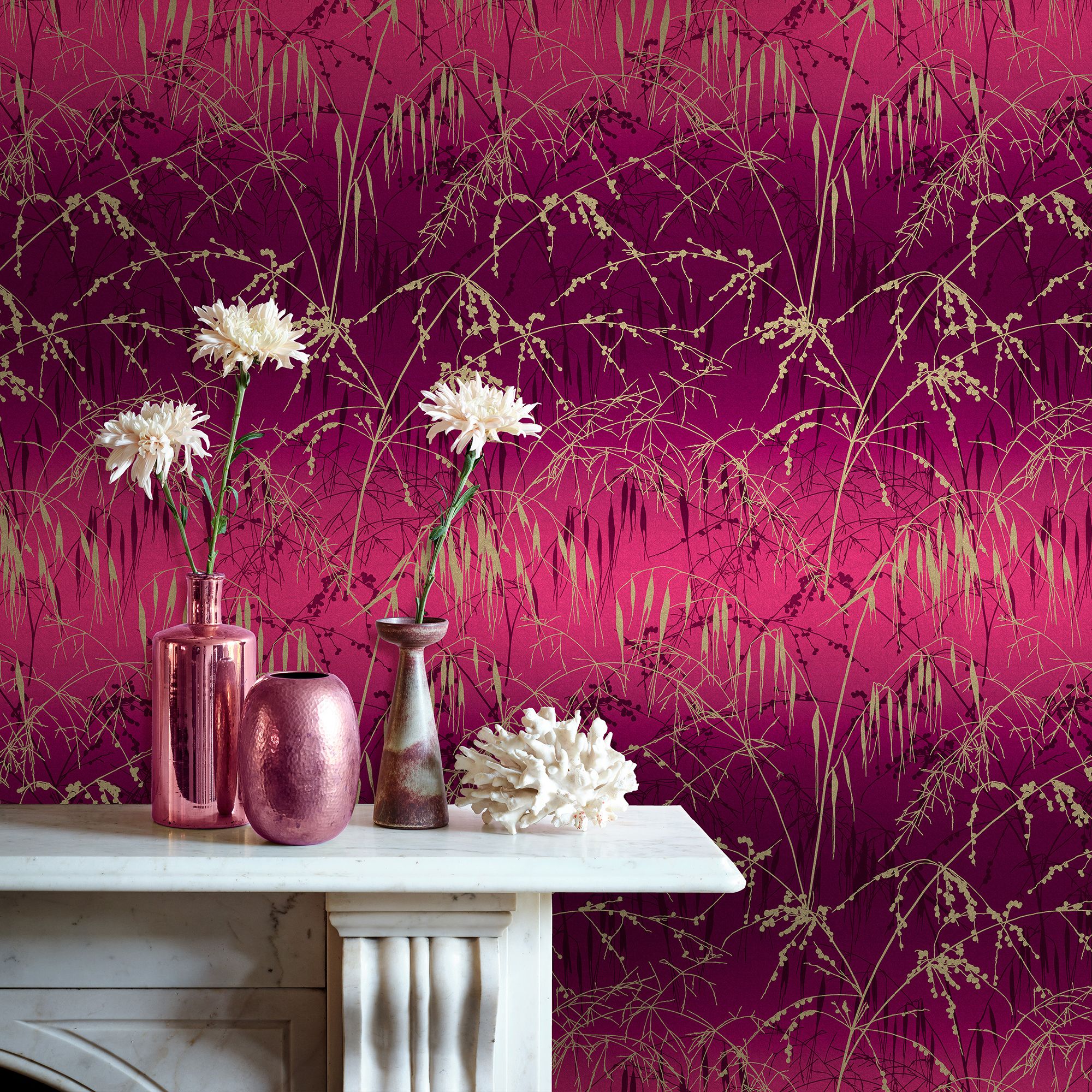 Clarissa Hulse Meadow Grass Damson Pink & Gold effect Smooth Wallpaper