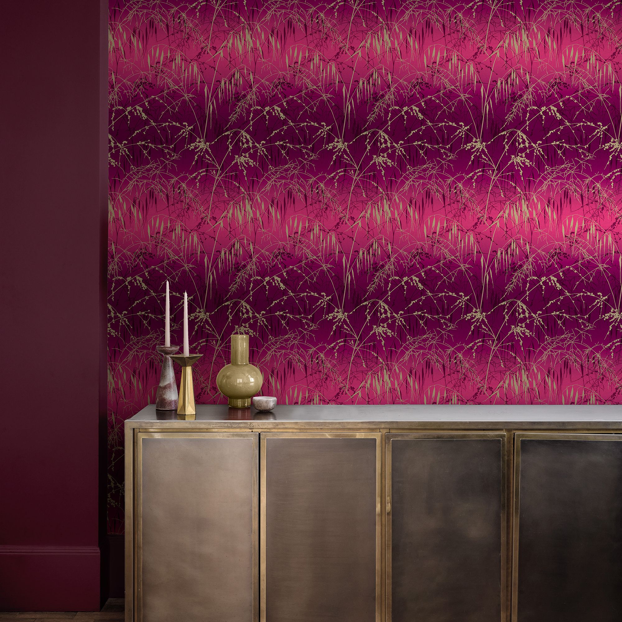 Clarissa Hulse Meadow Grass Damson Pink & Gold effect Smooth Wallpaper