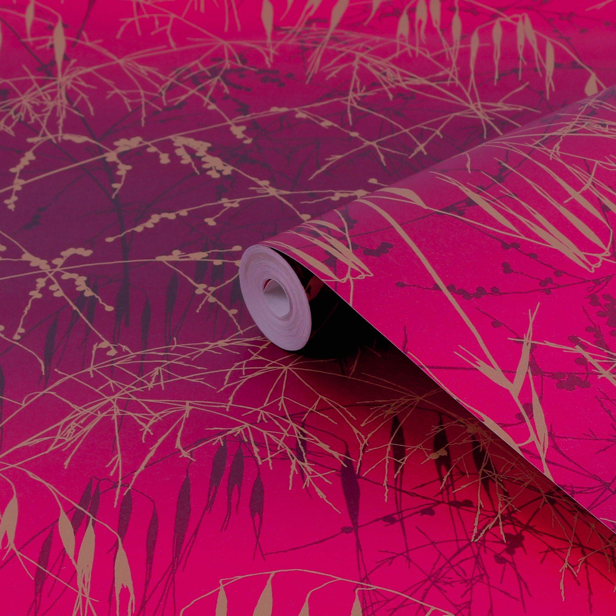 Clarissa Hulse Meadow Grass Damson Pink & Gold effect Smooth Wallpaper
