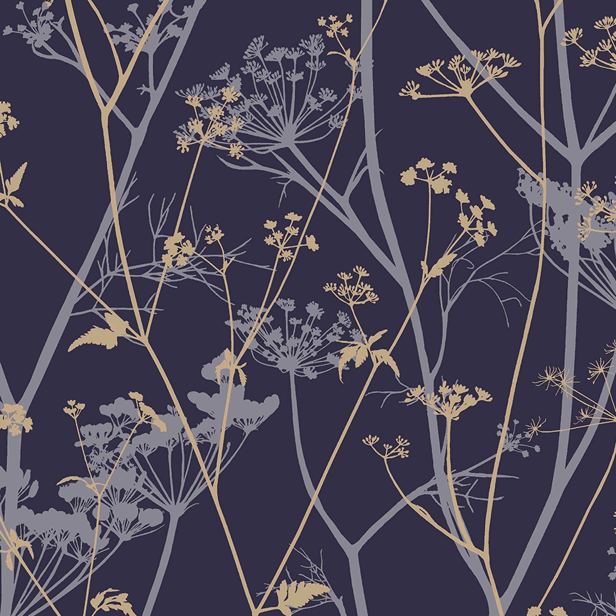 Clarissa Hulse Wild Chervil Blackberry Purple & Gold effect Smooth Wallpaper