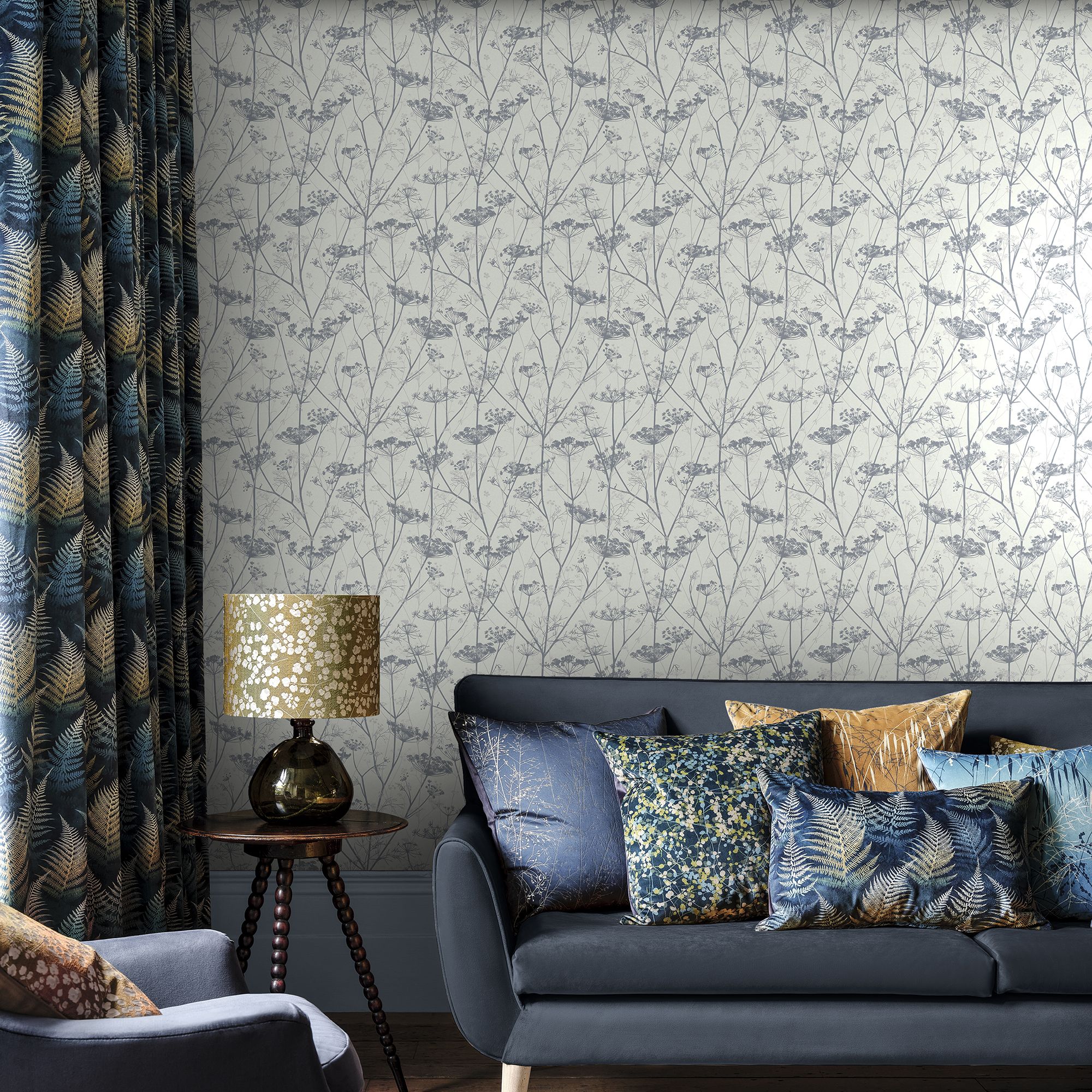 Clarissa Hulse Wild Chervil Blue & White Silver effect Smooth Wallpaper