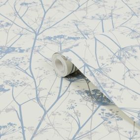 Clarissa Hulse Wild Chervil Blue & White Silver effect Smooth Wallpaper
