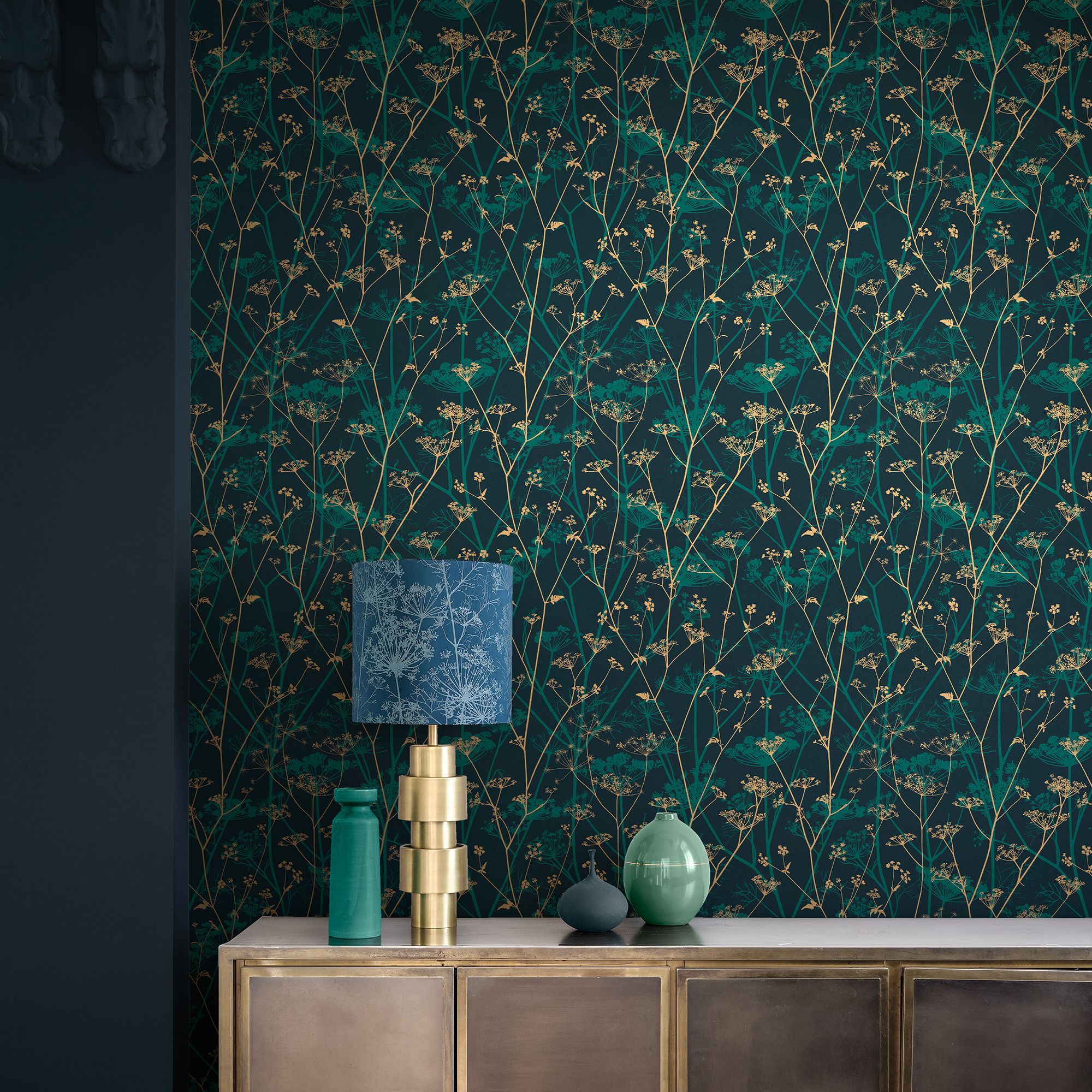 Clarissa Hulse Wild Chervil Kingfisher Blue & Gold effect Smooth Wallpaper