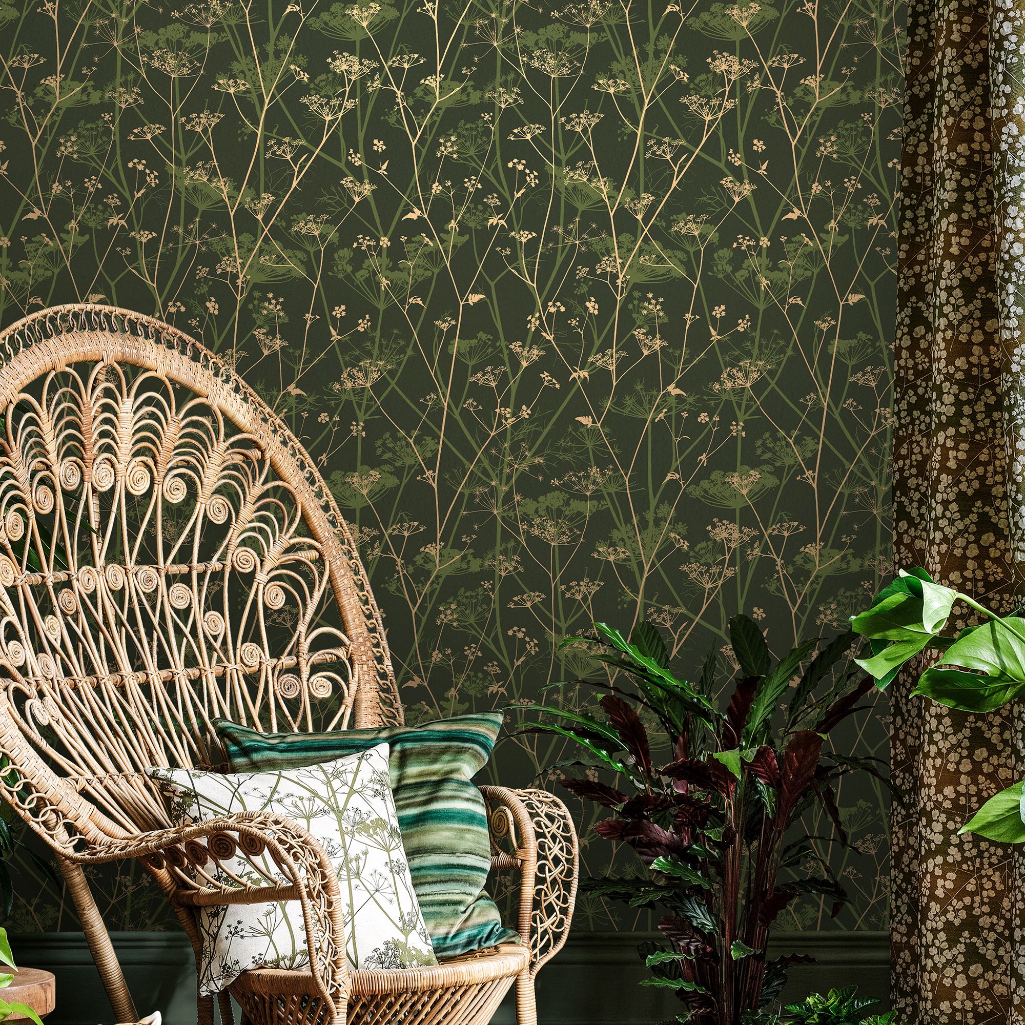 Clarissa Hulse Wild Chervil Sage & Gold effect Smooth Wallpaper