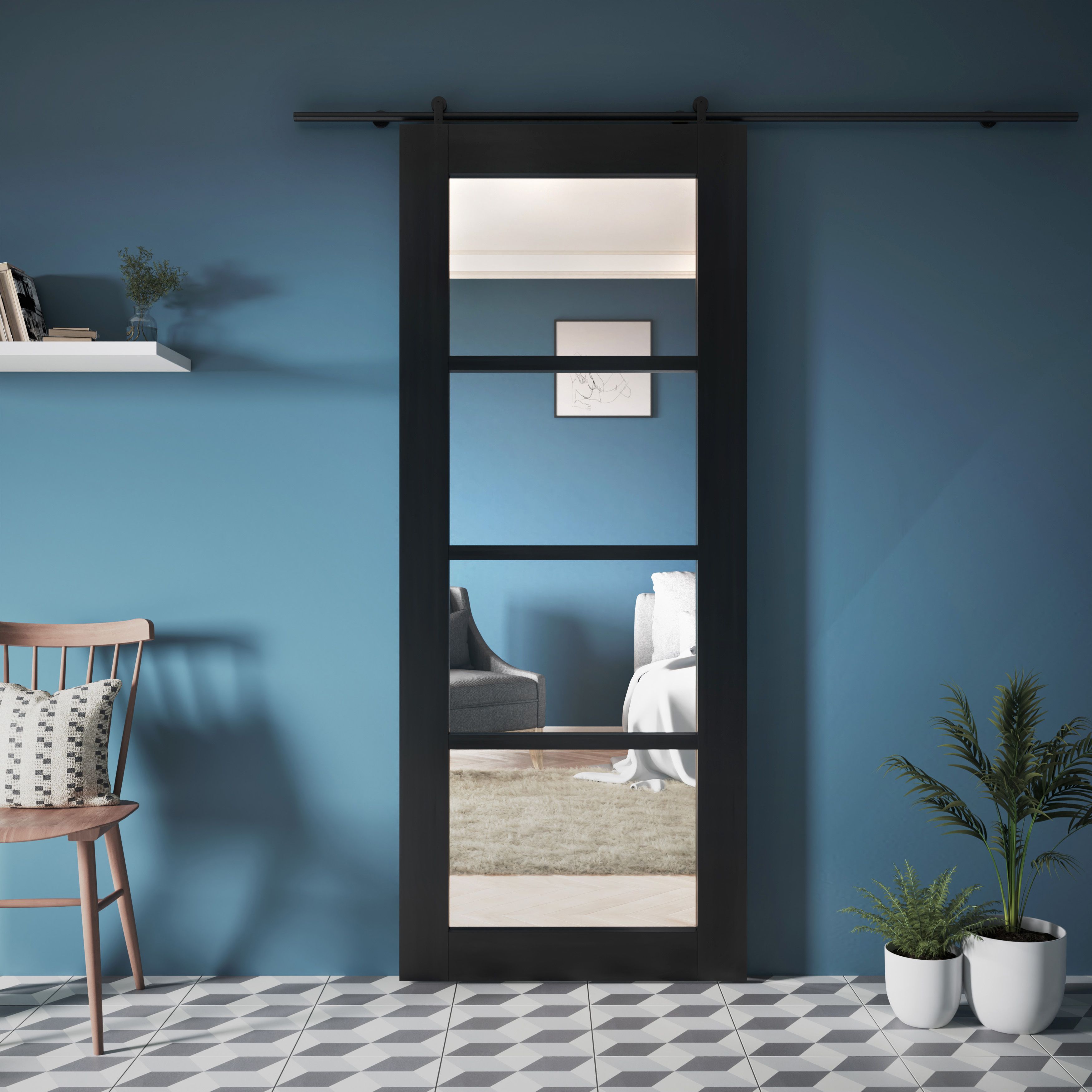 Clear Fully glazed Industrial Black Softwood Pine veneer Internal Sliding door, (H)2040mm (W)826mm