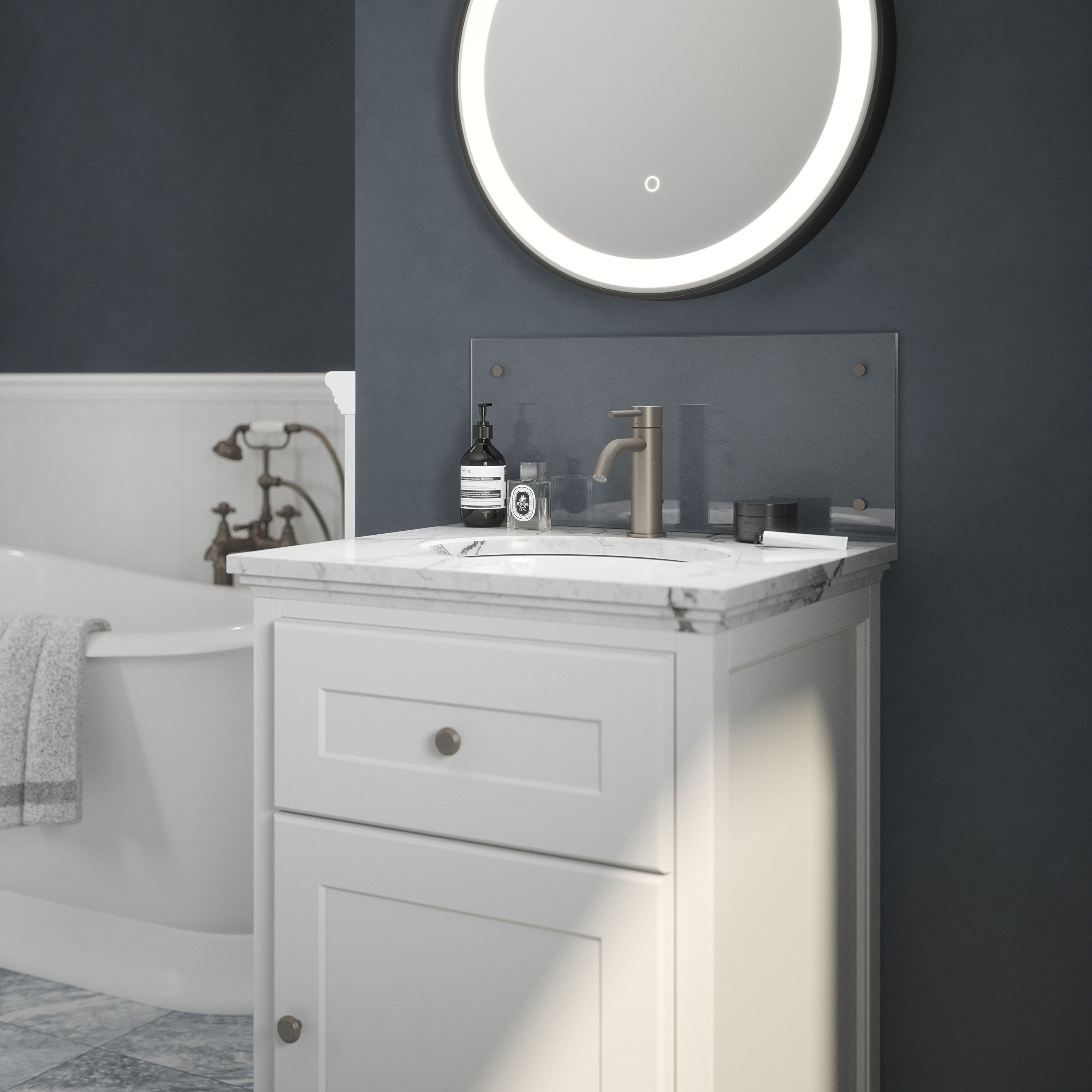 Clear Glass Pre-drilled Bathroom Splashback with Brass effect Caps (H ...