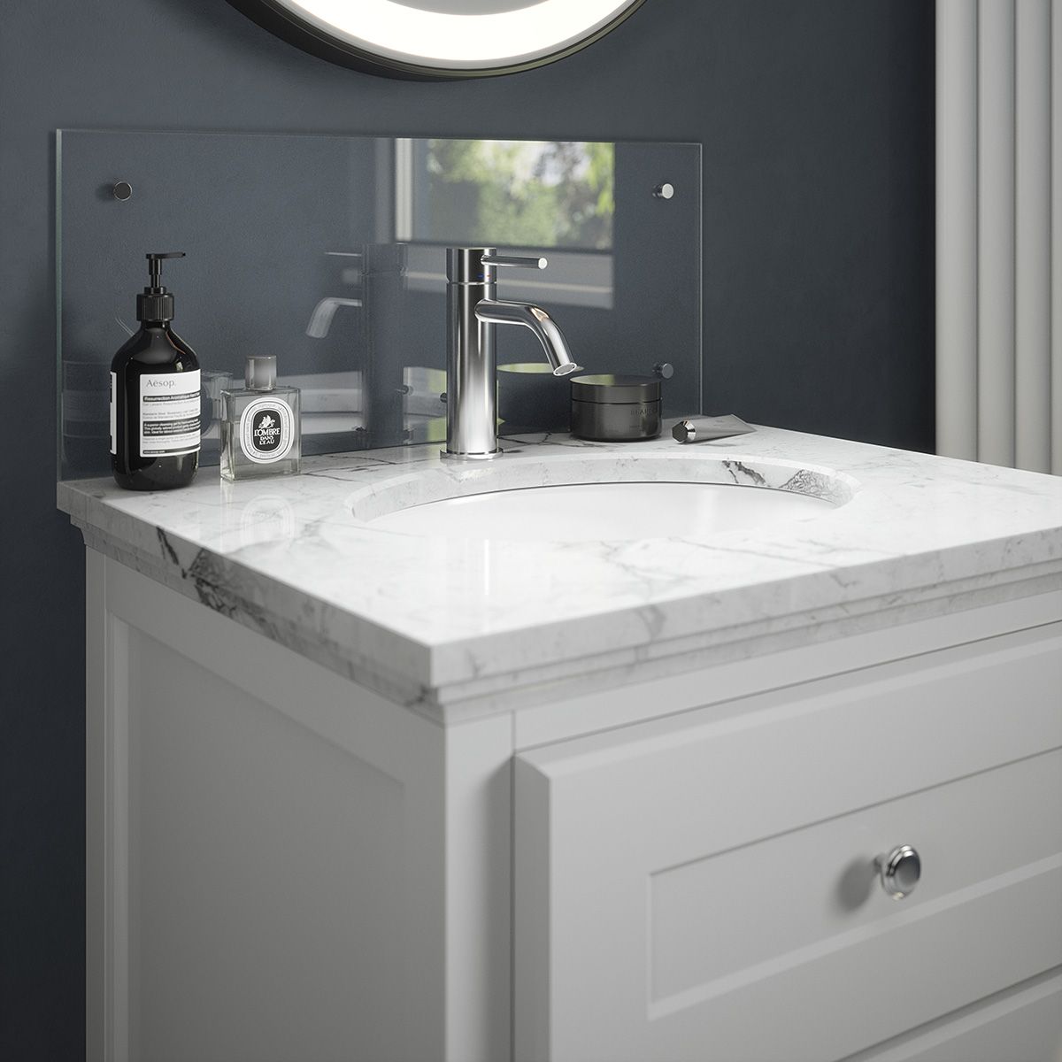 Clear Glass Pre-drilled Bathroom Splashback with Chrome effect Caps (H ...