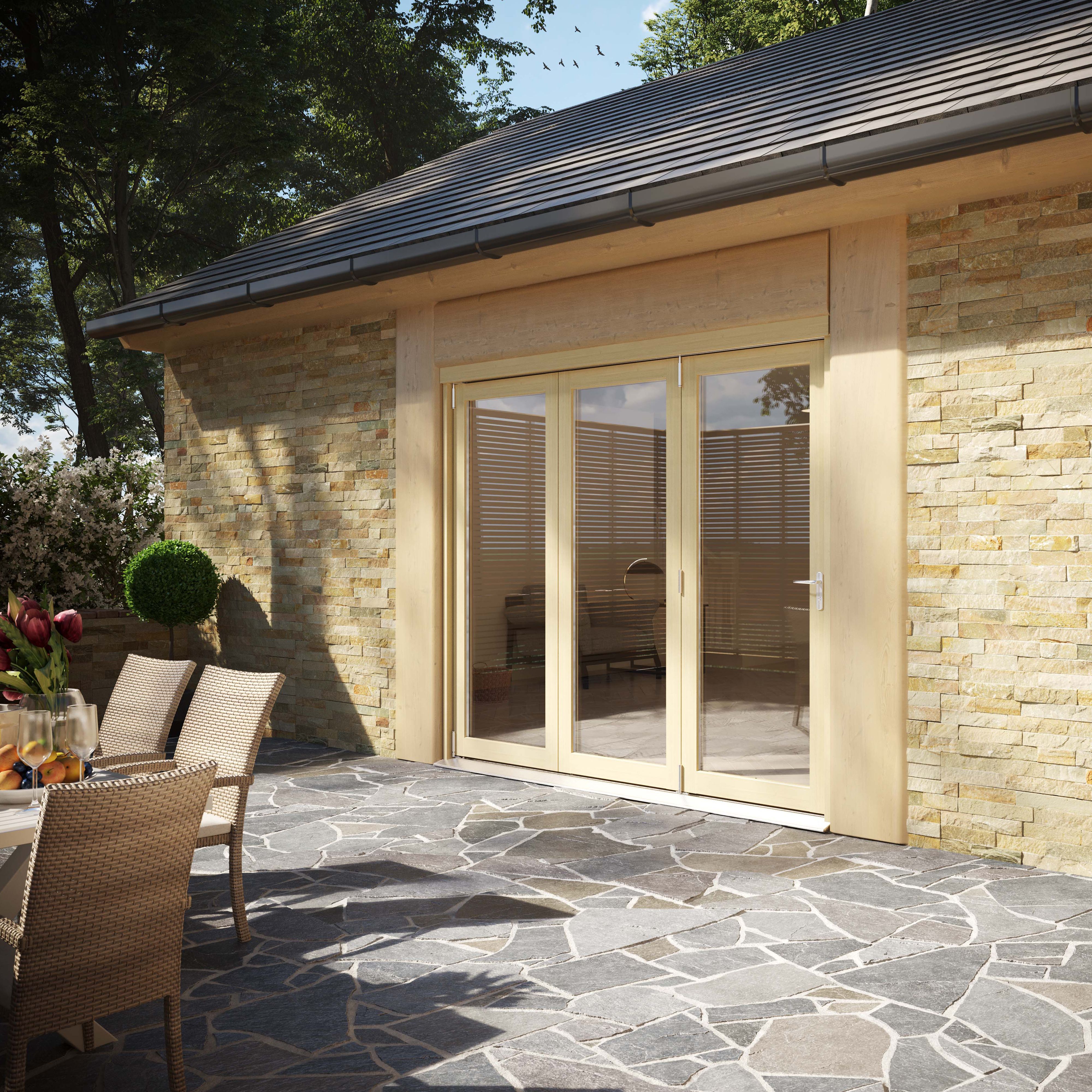 Clear Glazed Softwood Clear pine veneer External Modern 3 Bi-fold Patio door, (H)2090mm (W)2390mm