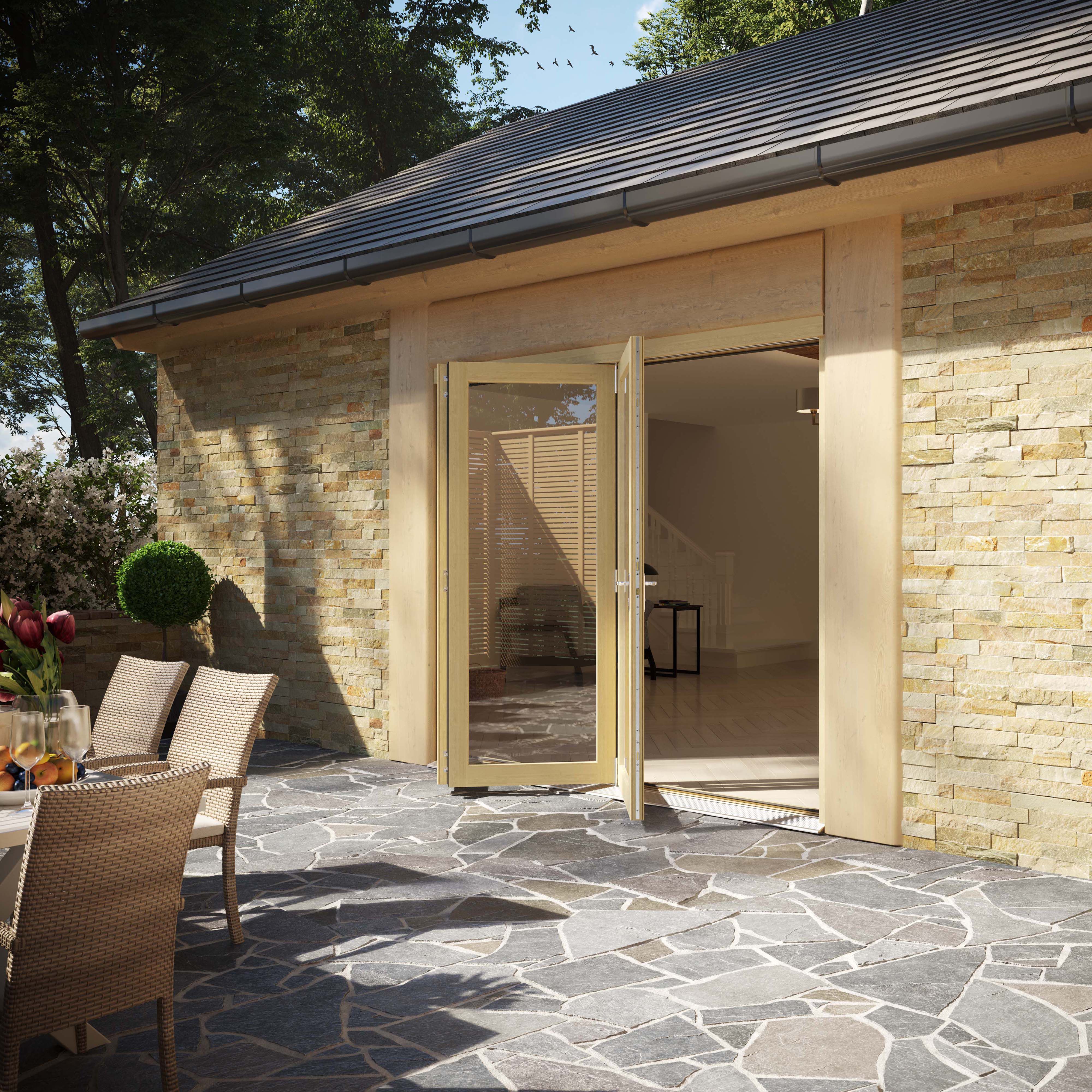 Clear Glazed Softwood Clear pine veneer External Modern 3 Bi-fold Patio door, (H)2090mm (W)2390mm