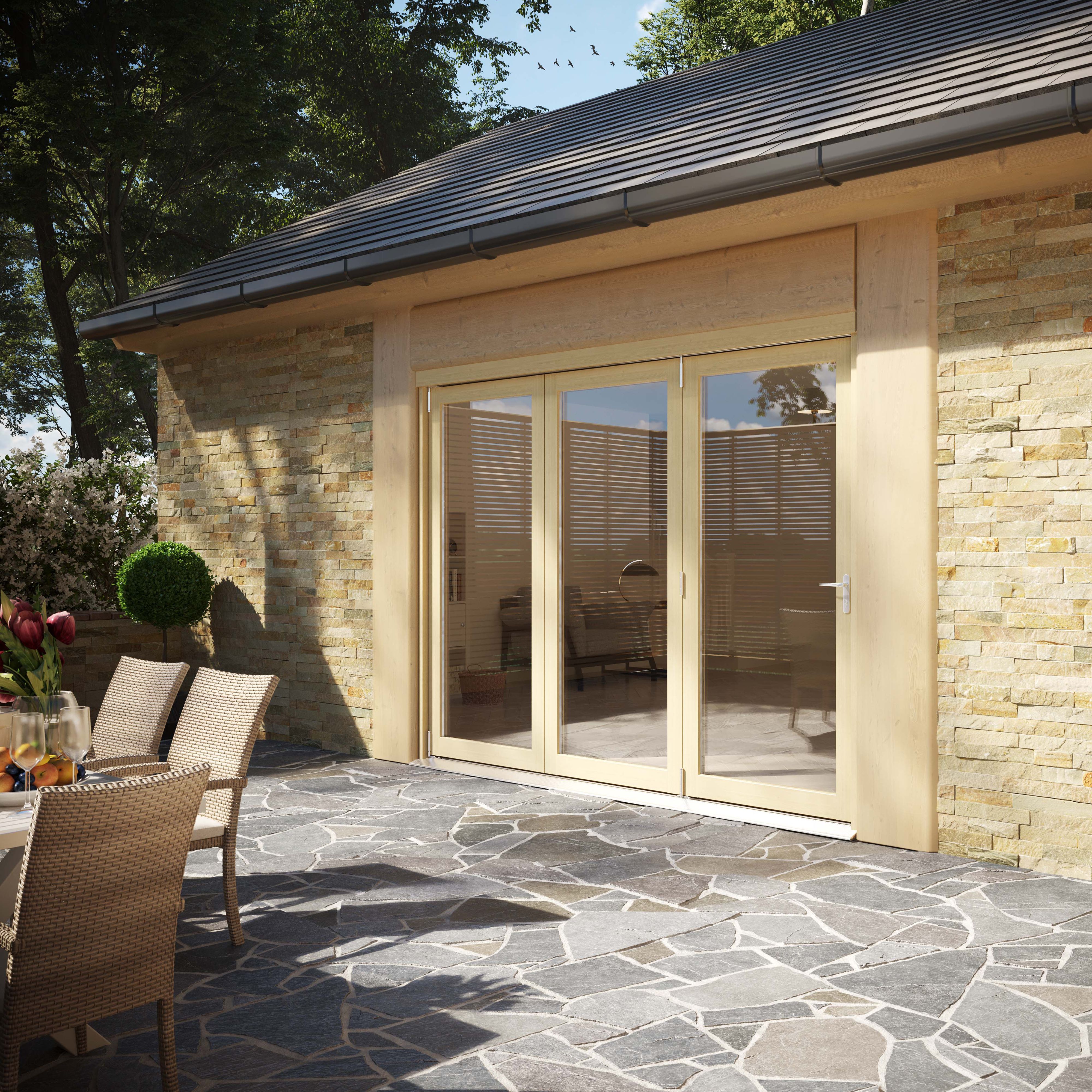 Clear Glazed Softwood Clear pine veneer External Modern 3 Bi-fold Patio door, (H)2090mm (W)2690mm