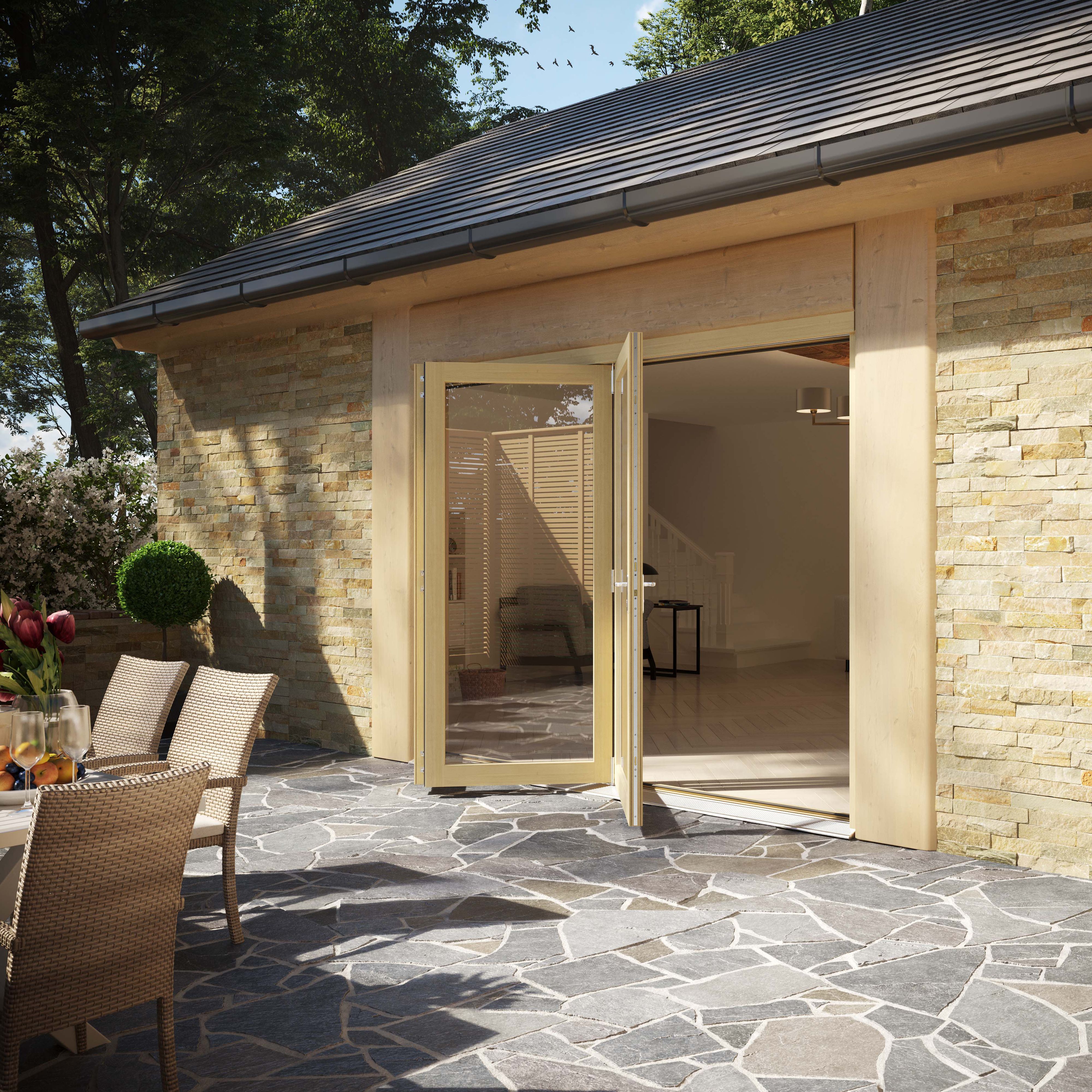 Clear Glazed Softwood Clear pine veneer External Modern 3 Bi-fold Patio door, (H)2090mm (W)2690mm