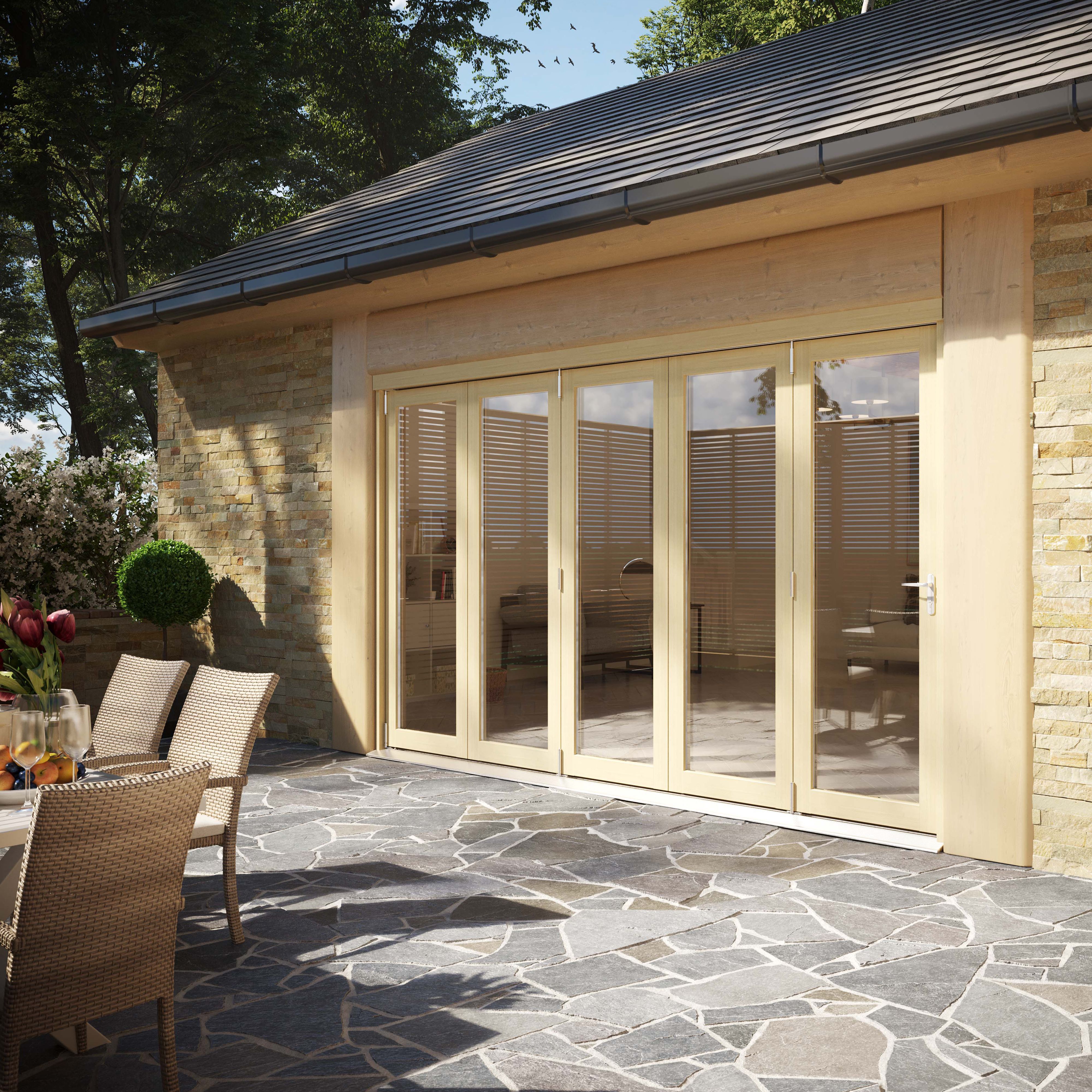 Clear Glazed Softwood Clear pine veneer External Modern 5 Bi-fold Patio door, (H)2090mm (W)3590mm