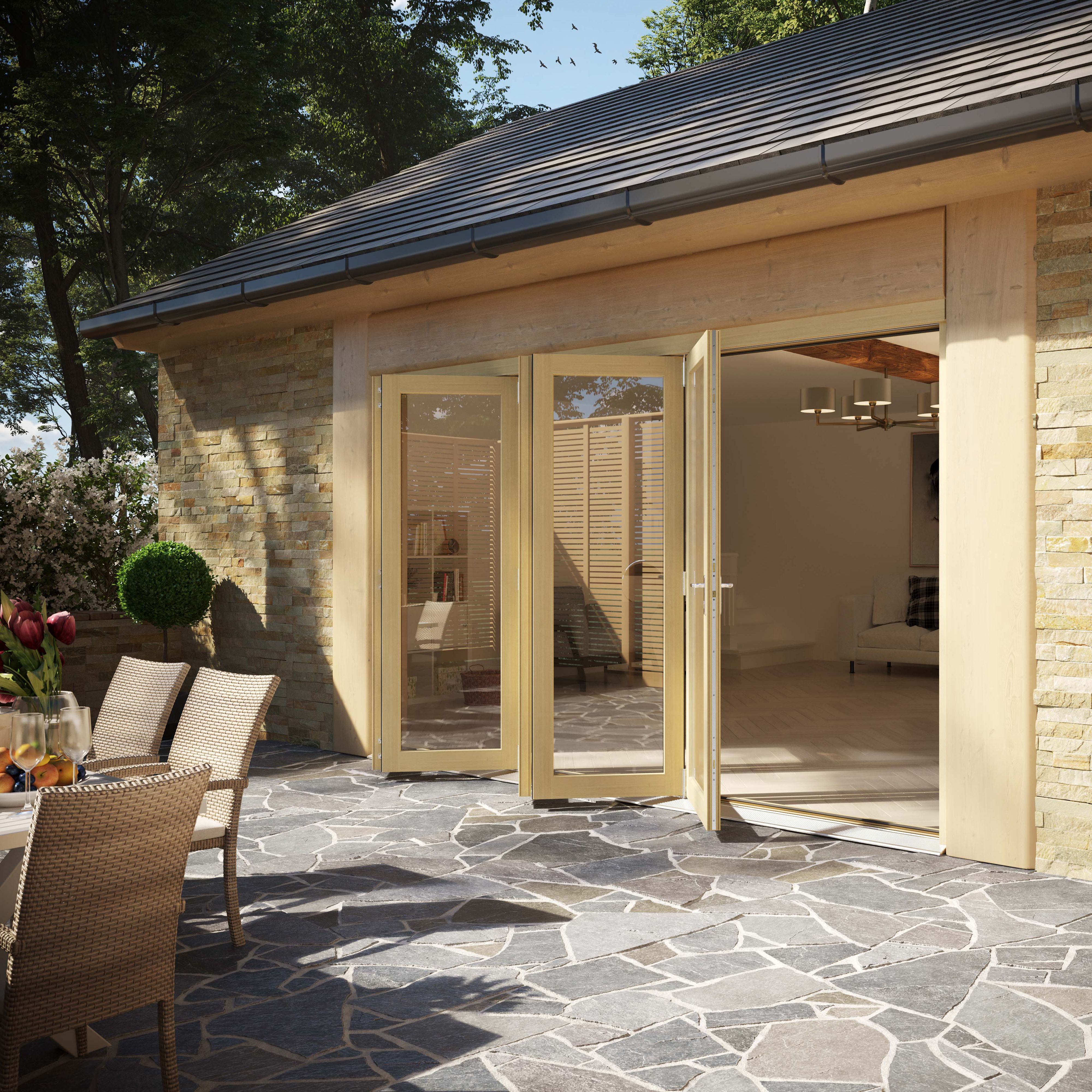 Clear Glazed Softwood Clear pine veneer External Modern 5 Bi-fold Patio door, (H)2090mm (W)3590mm