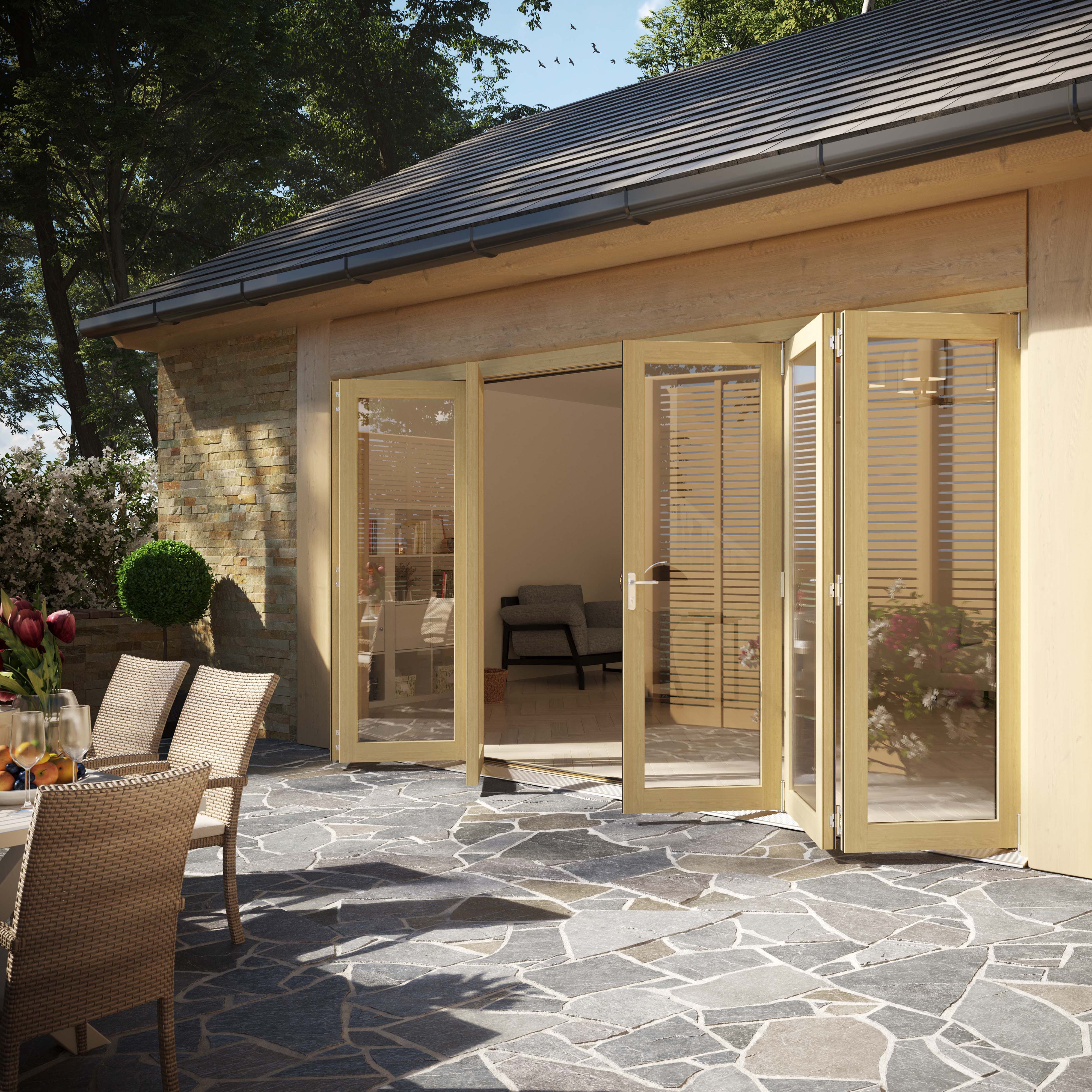 Clear Glazed Softwood Clear pine veneer External Modern 6 Bi-fold Patio door, (H)2090mm (W)4190mm