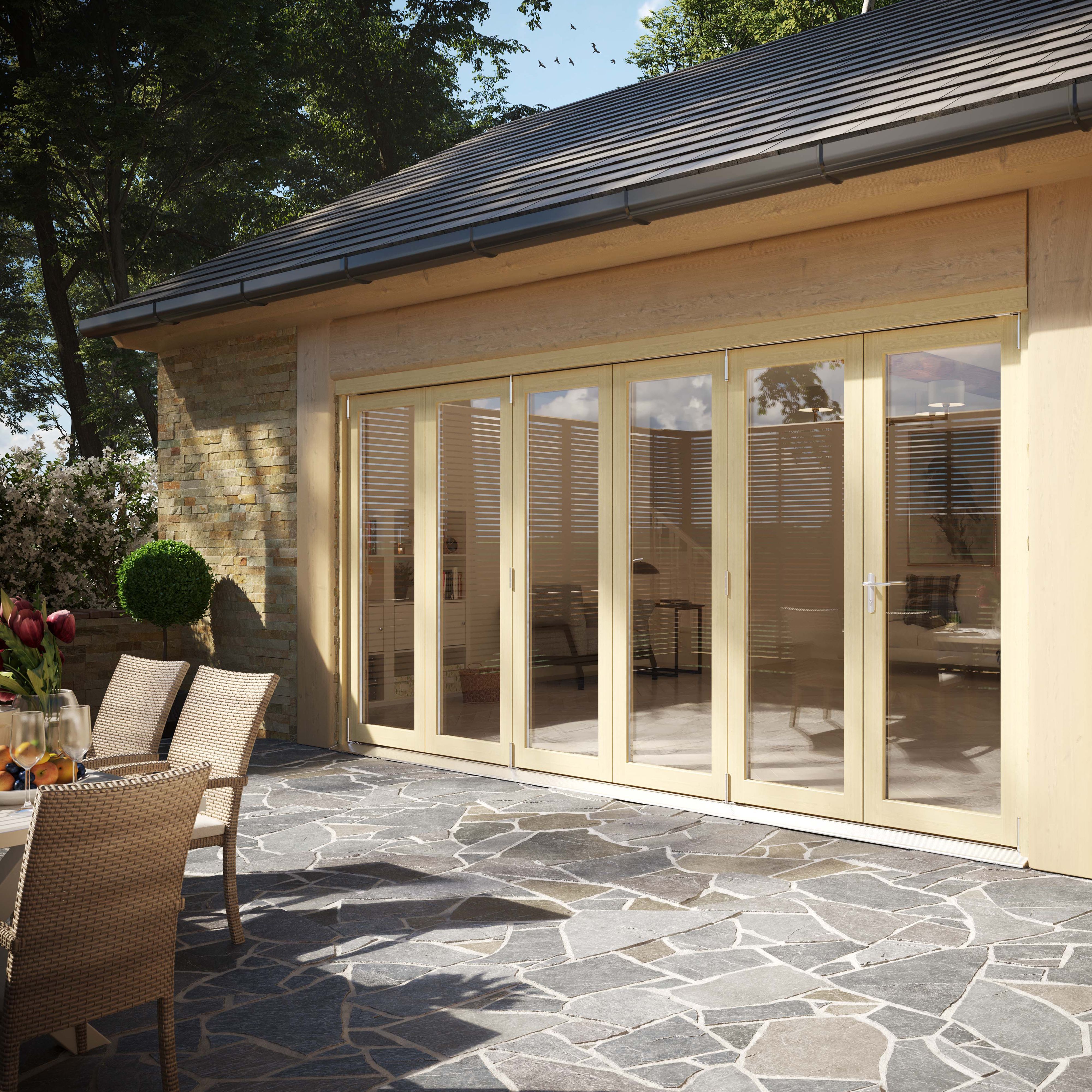 Clear Glazed Softwood Clear pine veneer External Modern 6 Bi-fold Patio door, (H)2090mm (W)4190mm