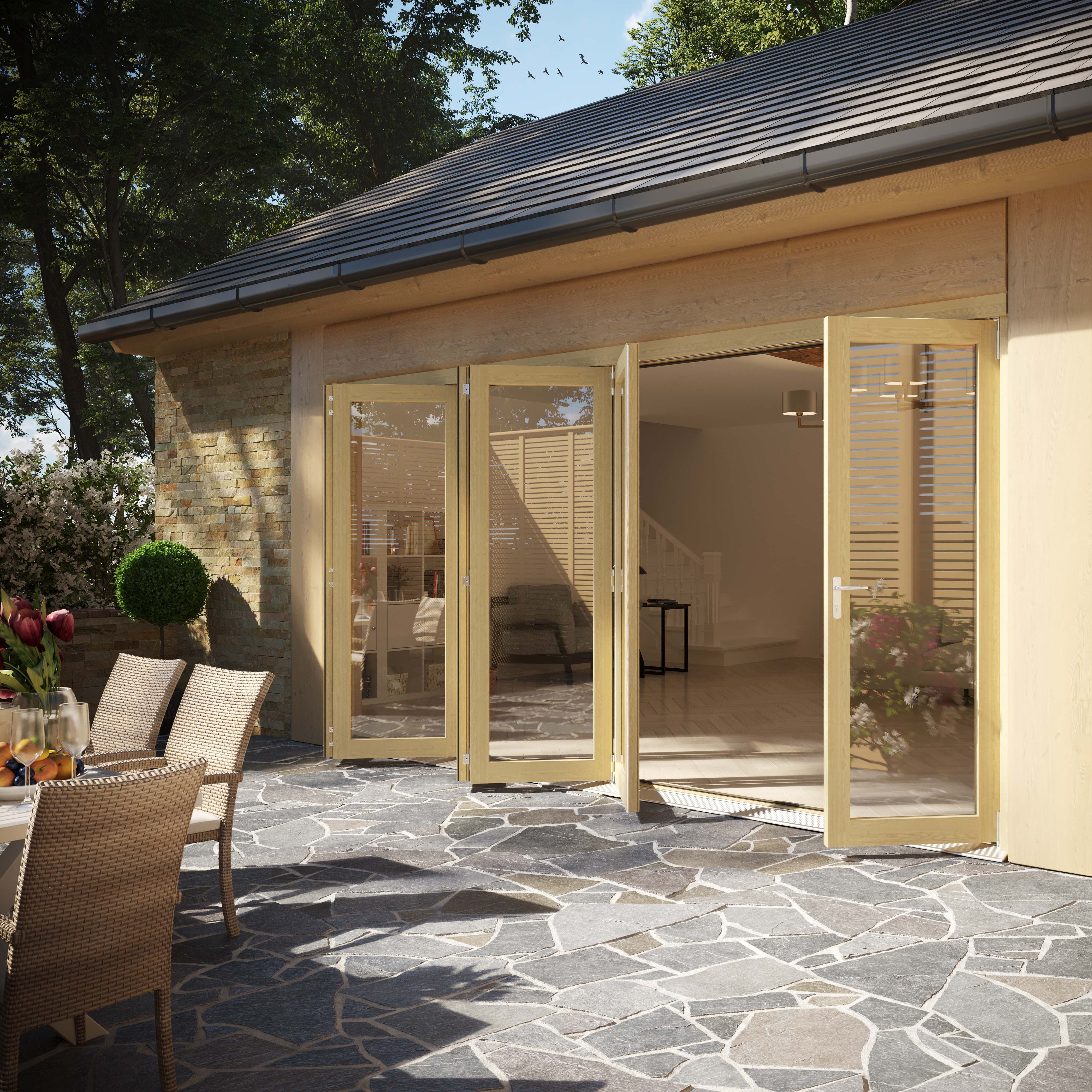 Clear Glazed Softwood Clear pine veneer External Modern 6 Bi-fold Patio door, (H)2090mm (W)4190mm