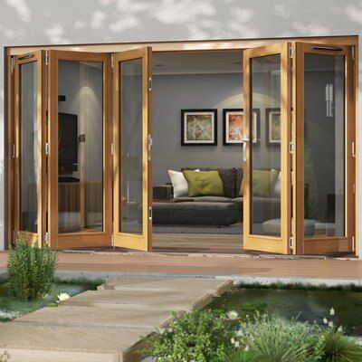 Clear Glazed Solid laminated oak Patio door, (H)2104mm (W)3604mm