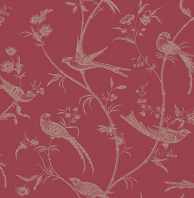 Colours Alberta Red Floral With Birds Metallic Effect Smooth Wallpaper Diy At B Q