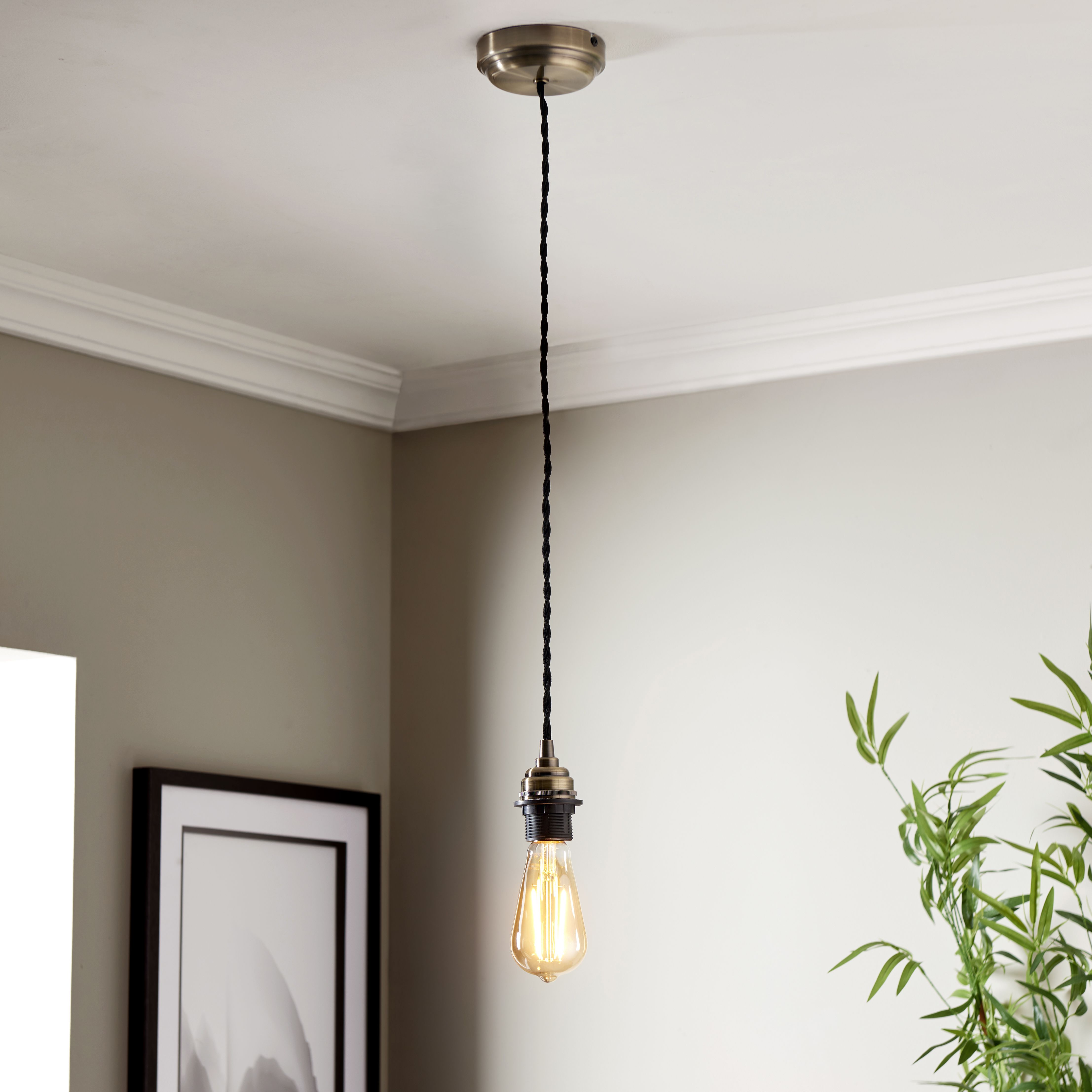 Colours Antique brass effect E27 Cable light set (L)1500mm - 6