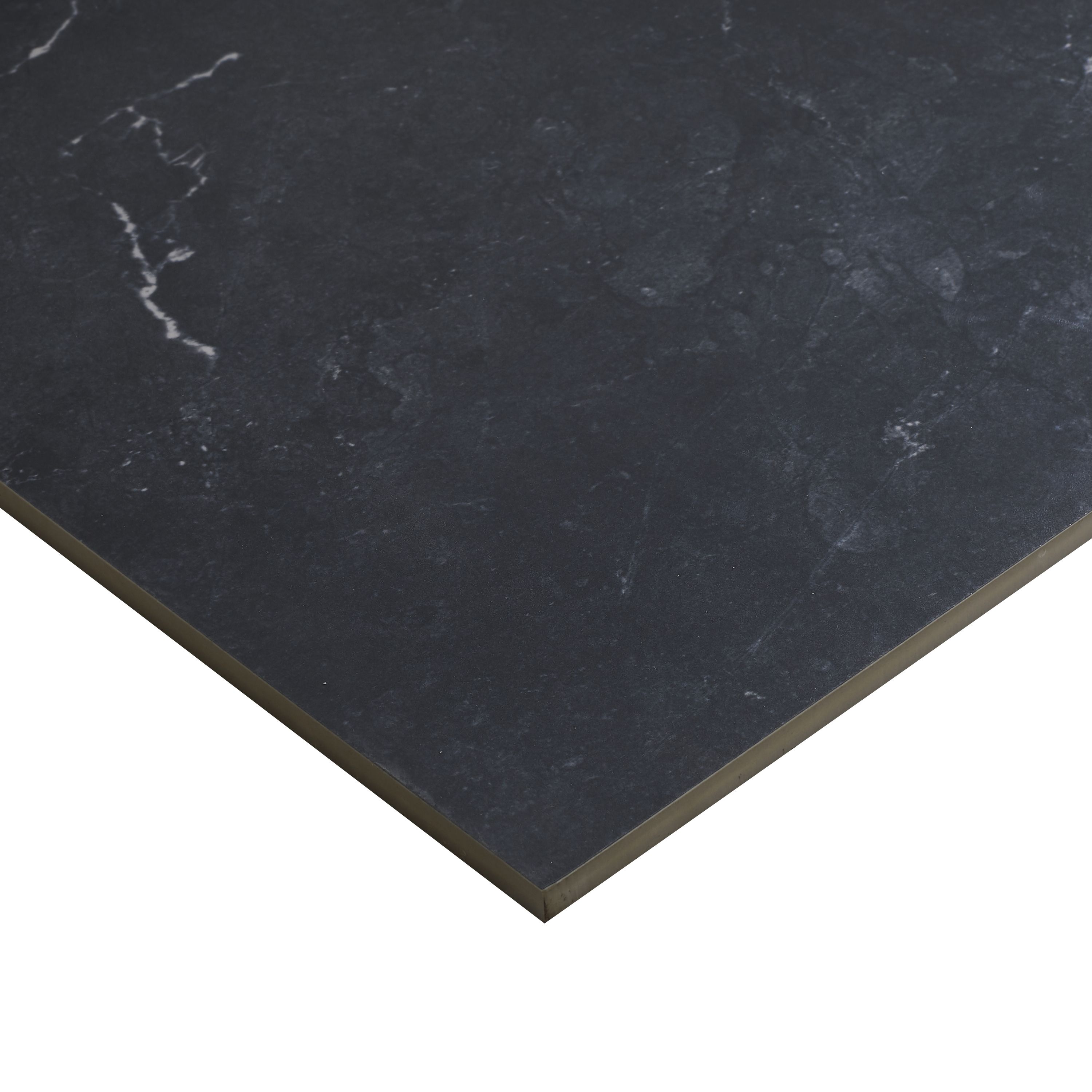 Colours Black Gloss Marble effect Porcelain Indoor Wall & floor Tile, Pack of 3, (L)595mm (W)595mm