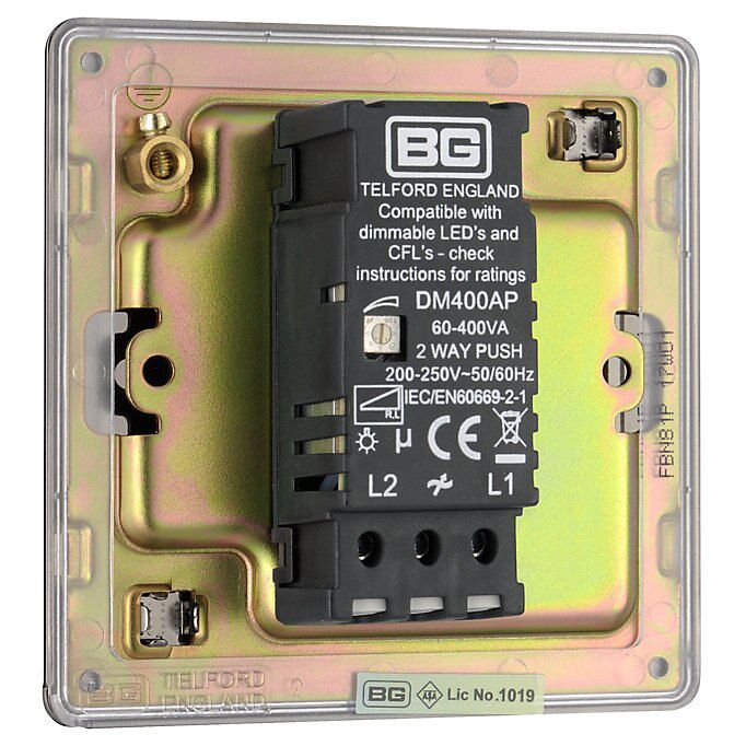 Colours Black Nickel Flat profile Single 2 way Screwless Dimmer switch