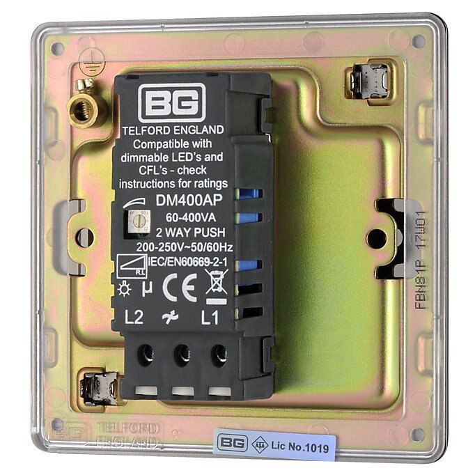 Colours Black Nickel Flat profile Single 2 way Screwless Dimmer switch