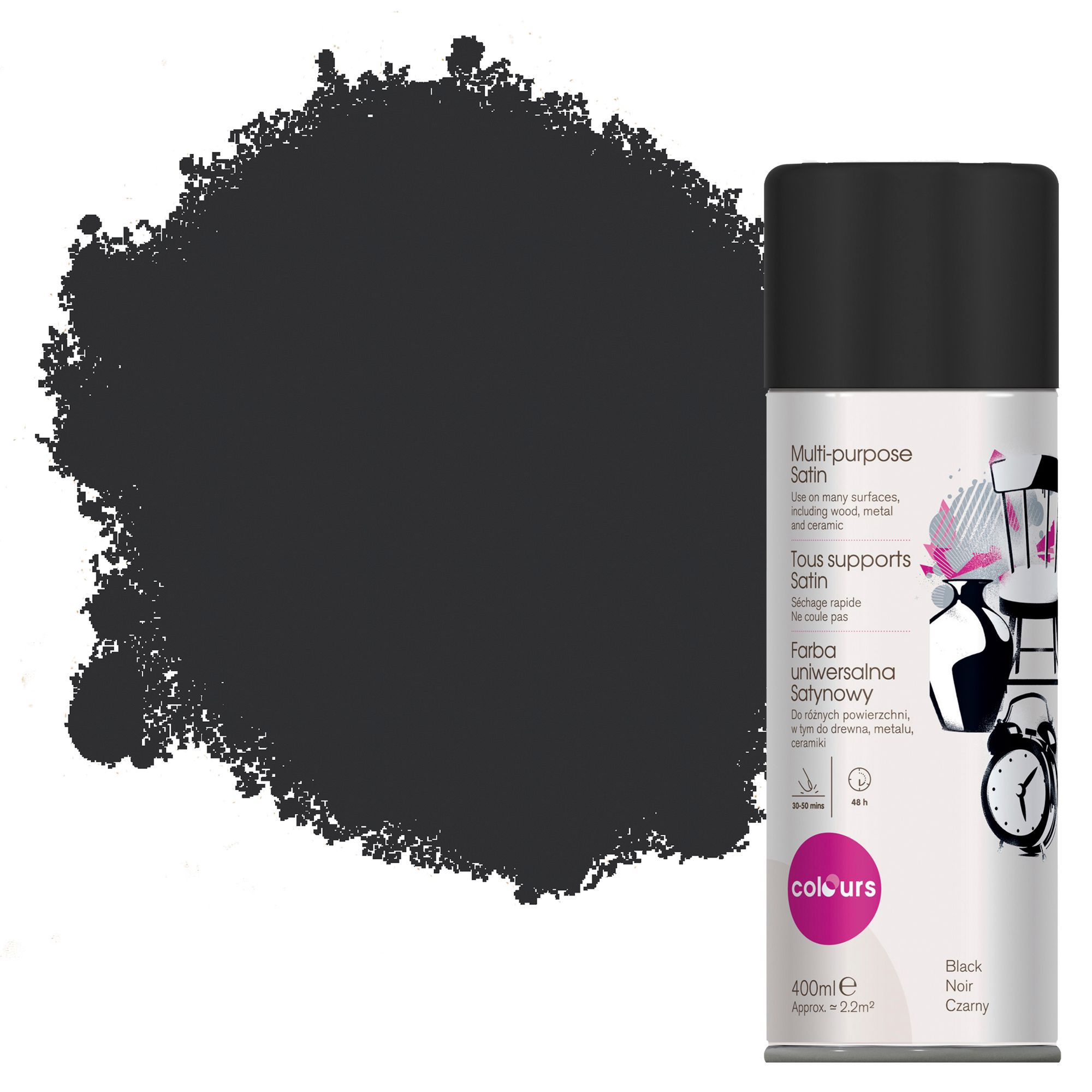 Colours Black Satin Spray paint 400 ml DIY at B&Q