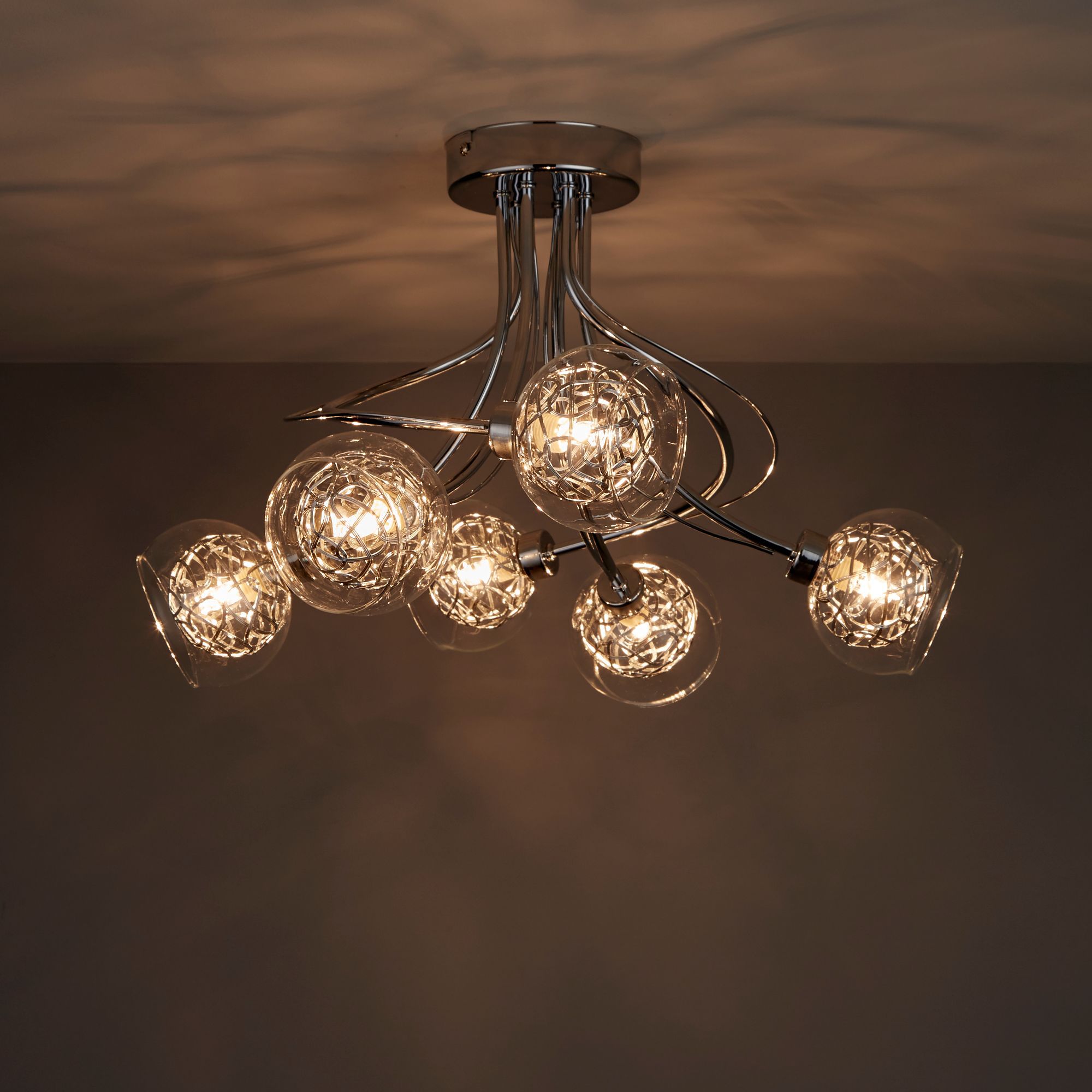 Colours Carmenta light DIY LED | Brushed Twist & at 6 B&Q Chrome Ceiling metal Lamp effect Glass