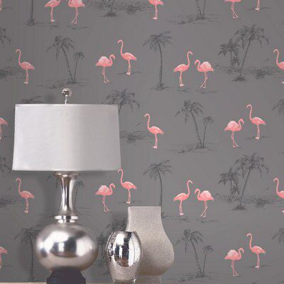 Colours Charcoal & pink Mica effect Flamingo Smooth Wallpaper