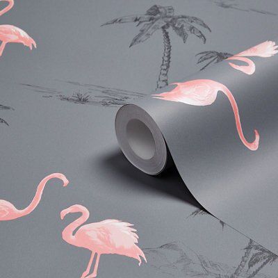Colours Charcoal & pink Mica effect Flamingo Smooth Wallpaper