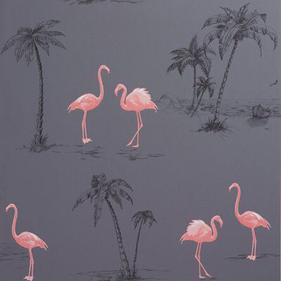 Colours Charcoal & pink Mica effect Flamingo Smooth Wallpaper