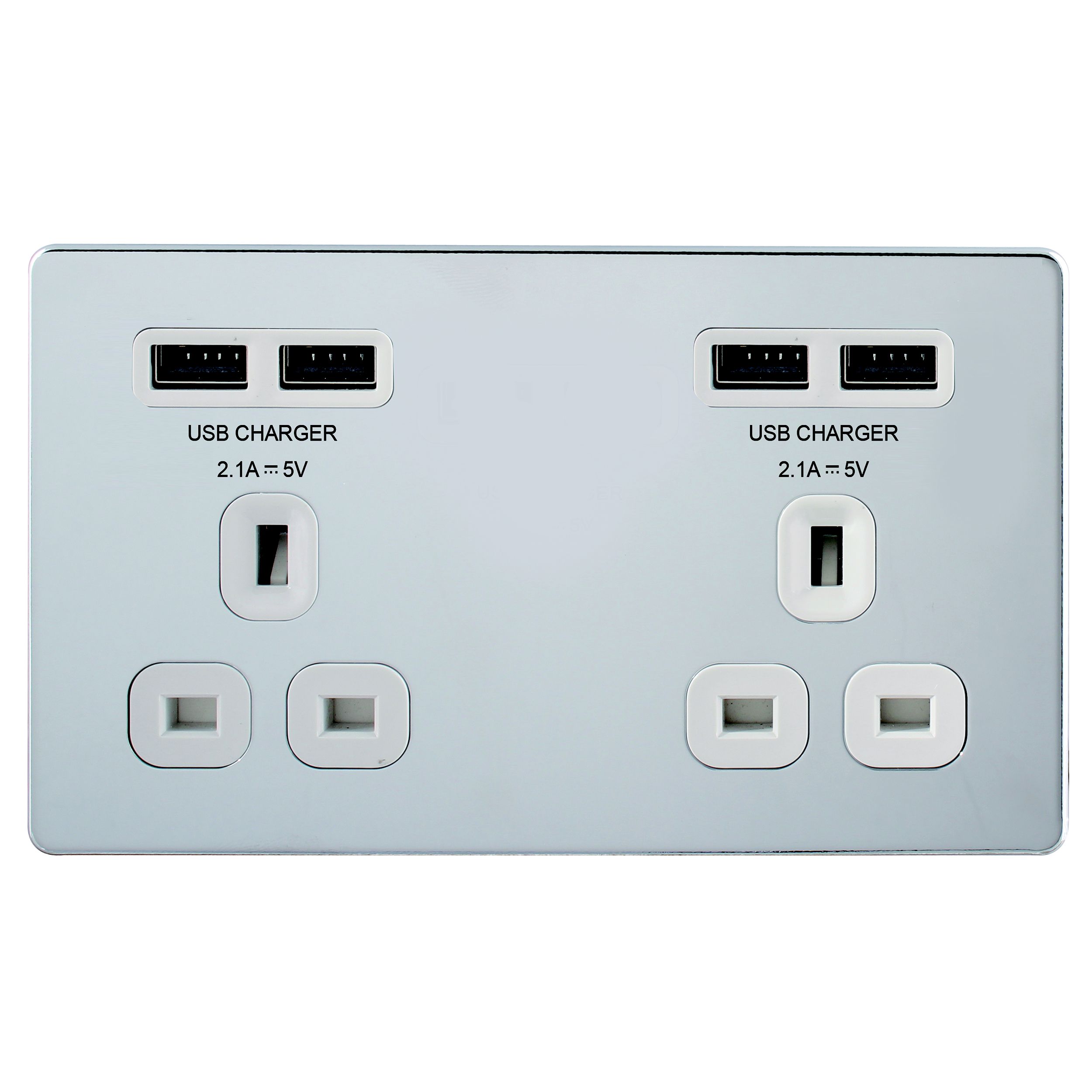 Colours Chrome Double 4.2A Flat Unswitched Screwless Socket with USB, x4 & White inserts
