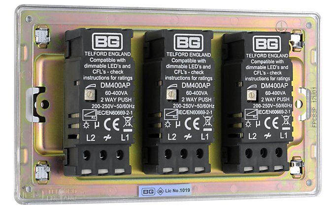 Colours Chrome Flat profile Triple 2 way Screwless Dimmer switch