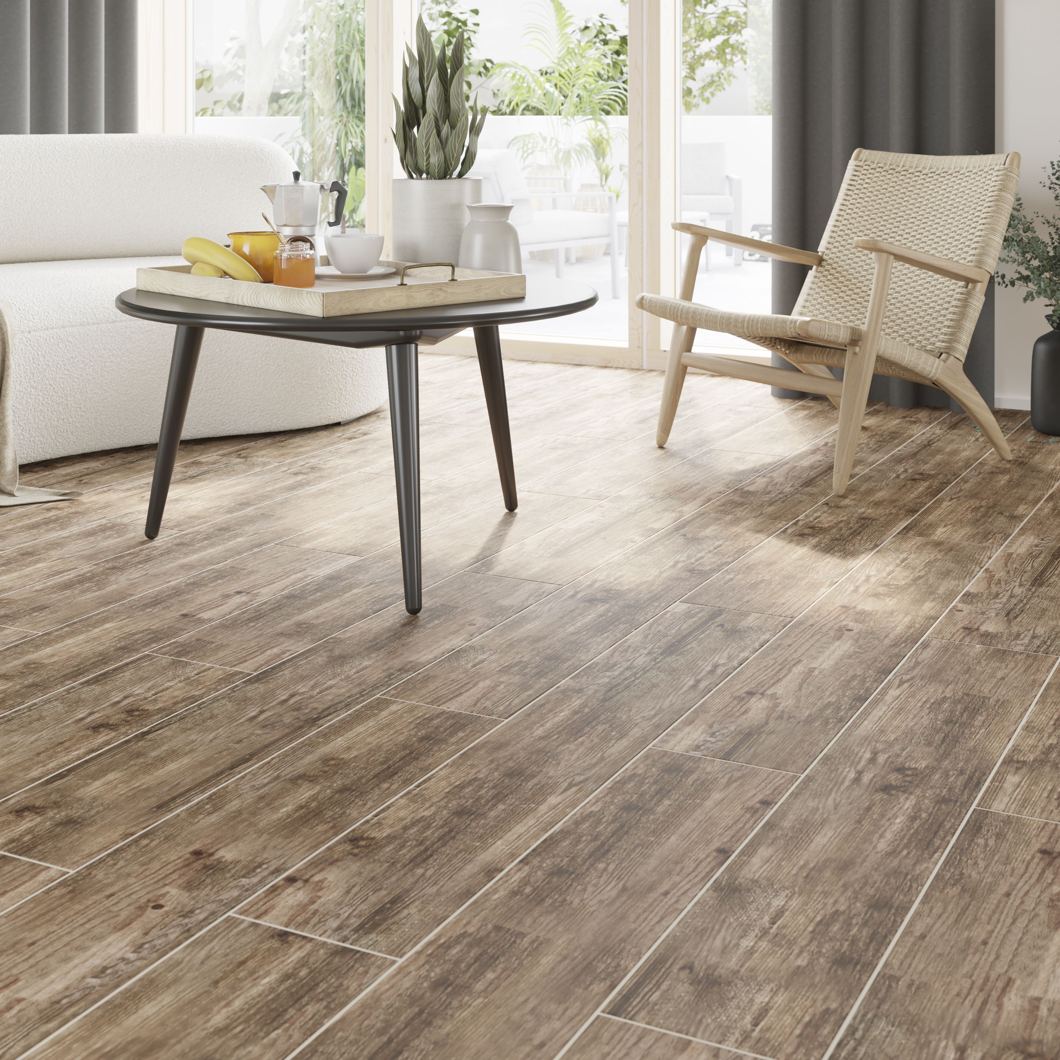 Colours Cotage wood Light brown Matt Wood effect Textured Porcelain Indoor Wall & floor Tile, Pack of 4, (L)1200mm (W)200mm