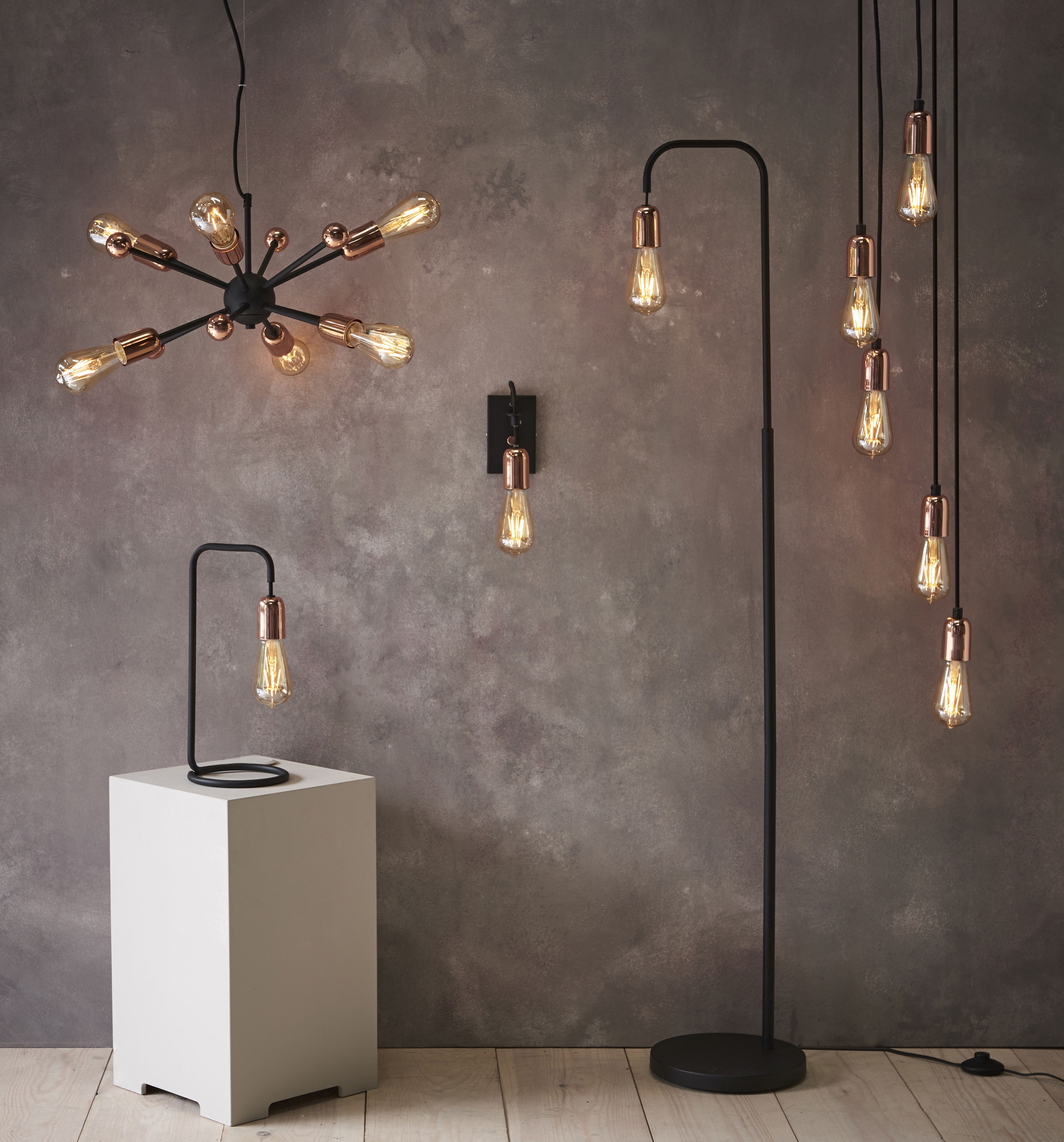 Colours Detroit Pendant Matt Steel Black Copper effect 6 Lamp Ceiling light
