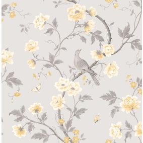 Colours Dorthea Grey & yellow Floral Mica effect Smooth Wallpaper