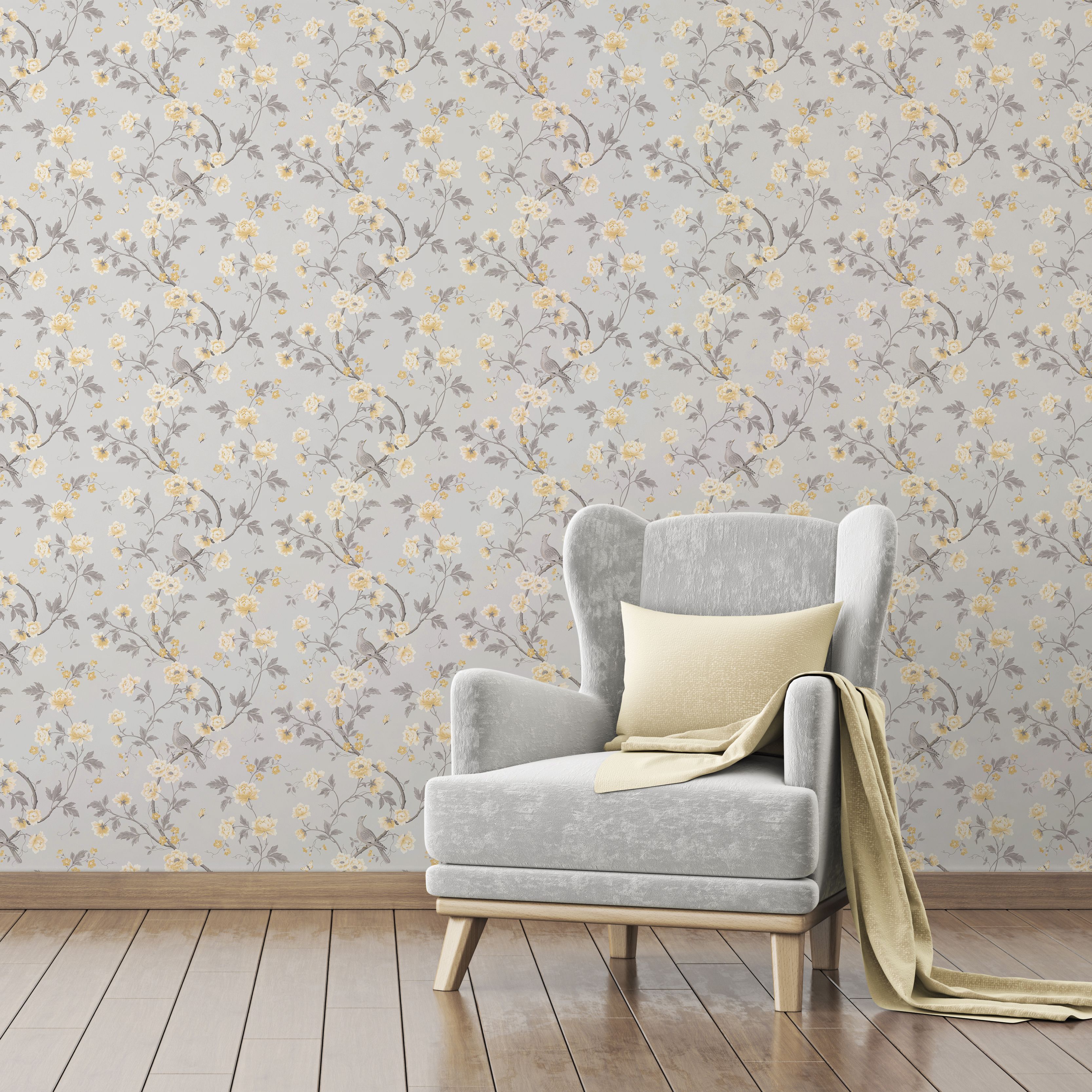 Colours Dorthea Grey & yellow Mica effect Floral Smooth Wallpaper Sample