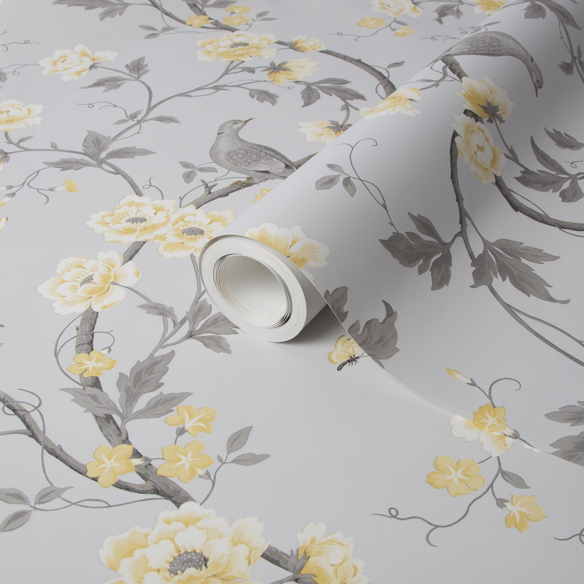Colours Dorthea Grey & yellow Mica effect Floral Smooth Wallpaper Sample