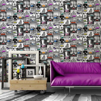 Colours Grey VW Camper city Embossed Wallpaper
