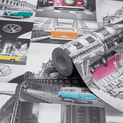 Colours Grey VW Camper city Embossed Wallpaper