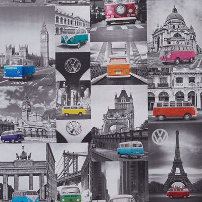 Colours Grey VW Camper city Embossed Wallpaper