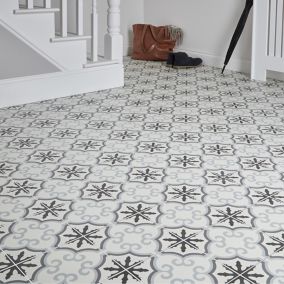 Colours Hydrolic Black & white Matt Flower Cement tile effect Porcelain Indoor Wall & floor Tile, Pack of 25, (L)200mm (W)200mm