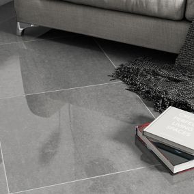Colours Imperiali Anthracite Gloss Stone effect Porcelain Wall & floor Tile, Pack of 3, (L)600mm (W)600mm