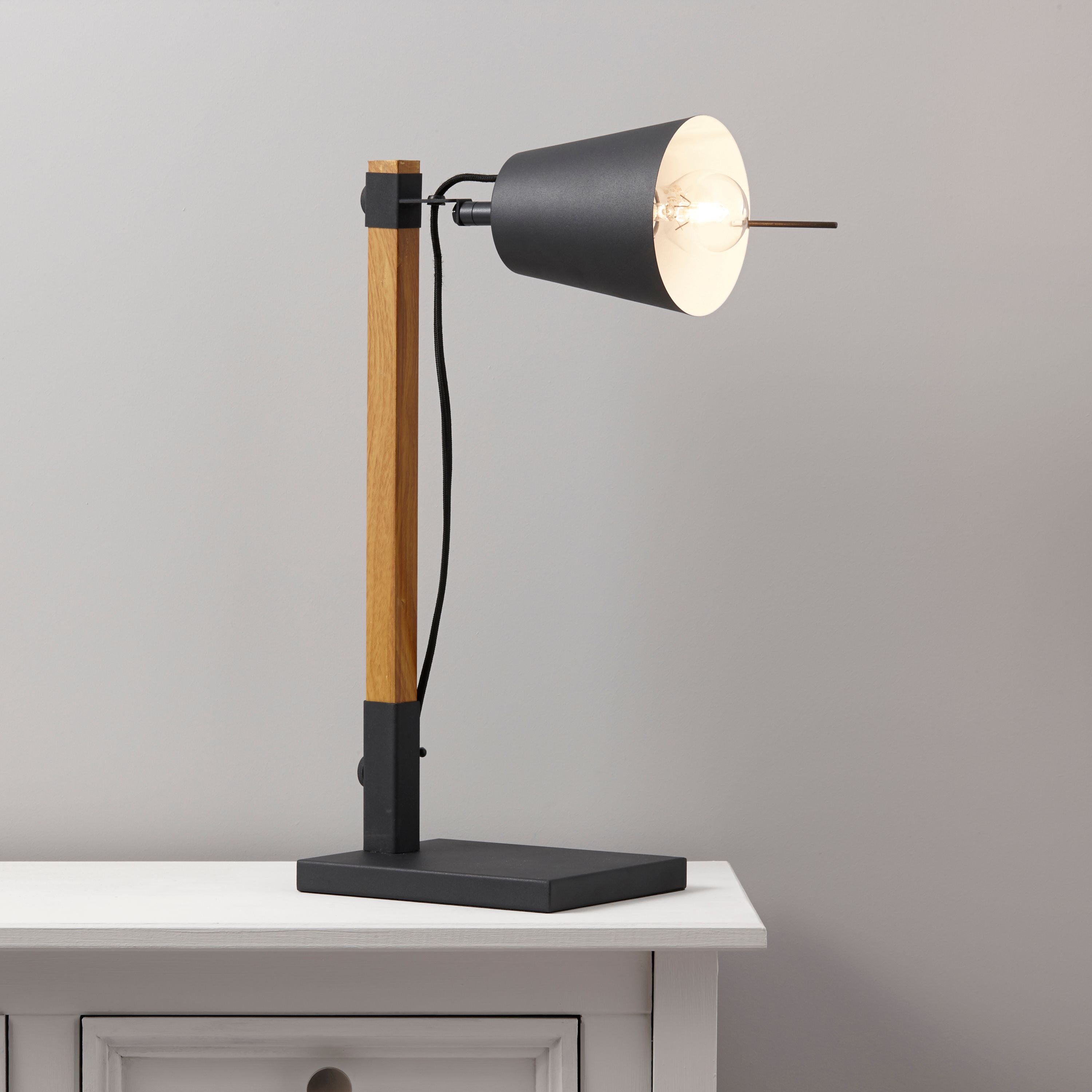 Colours Liber Matt Black Iron & wood effect Incandescent Table lamp