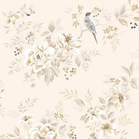 Colours Liora Natural Birds on floral trail Glitter effect Wallpaper