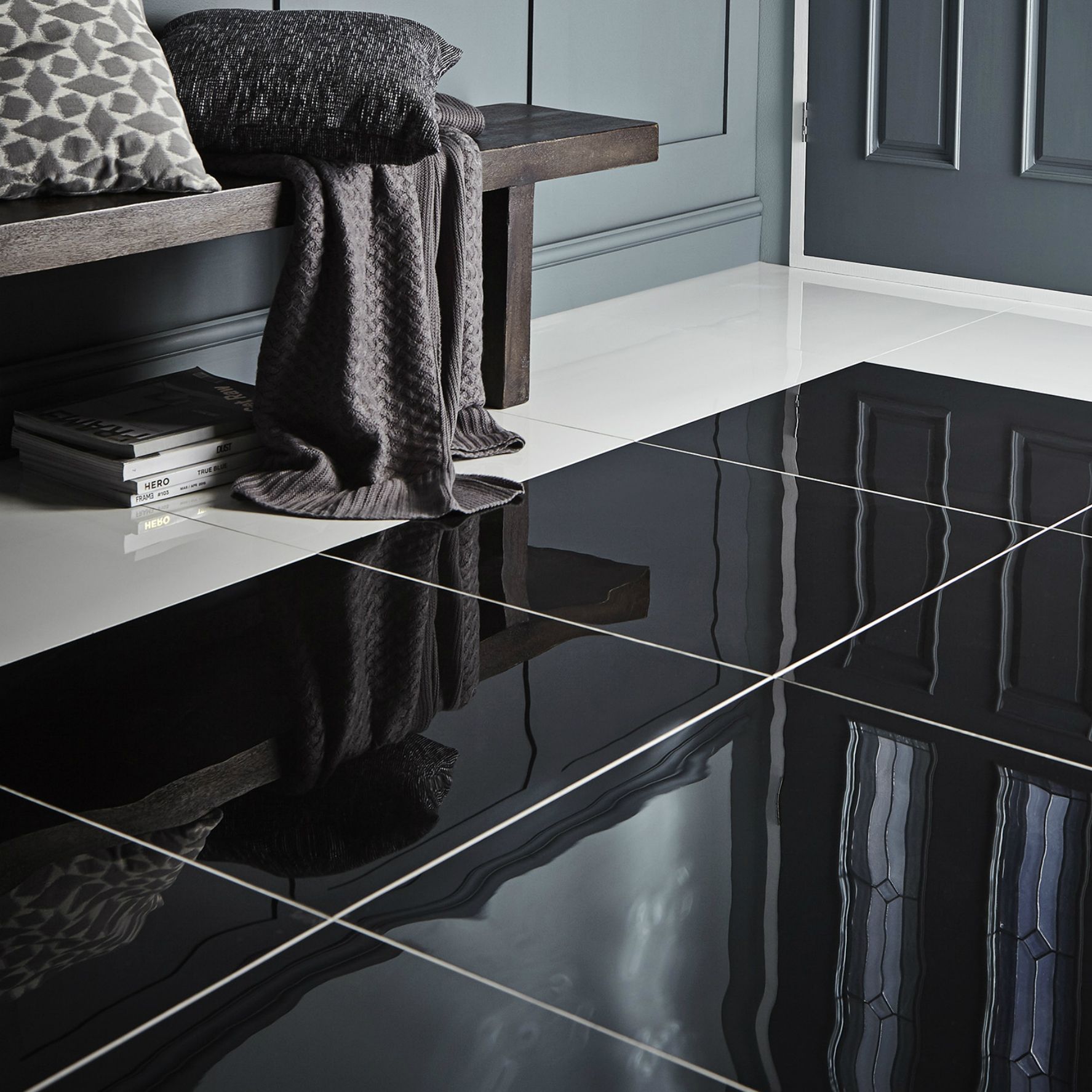 Colours Livourne Black Plain Porcelain Wall & floor Tile Sample - 4