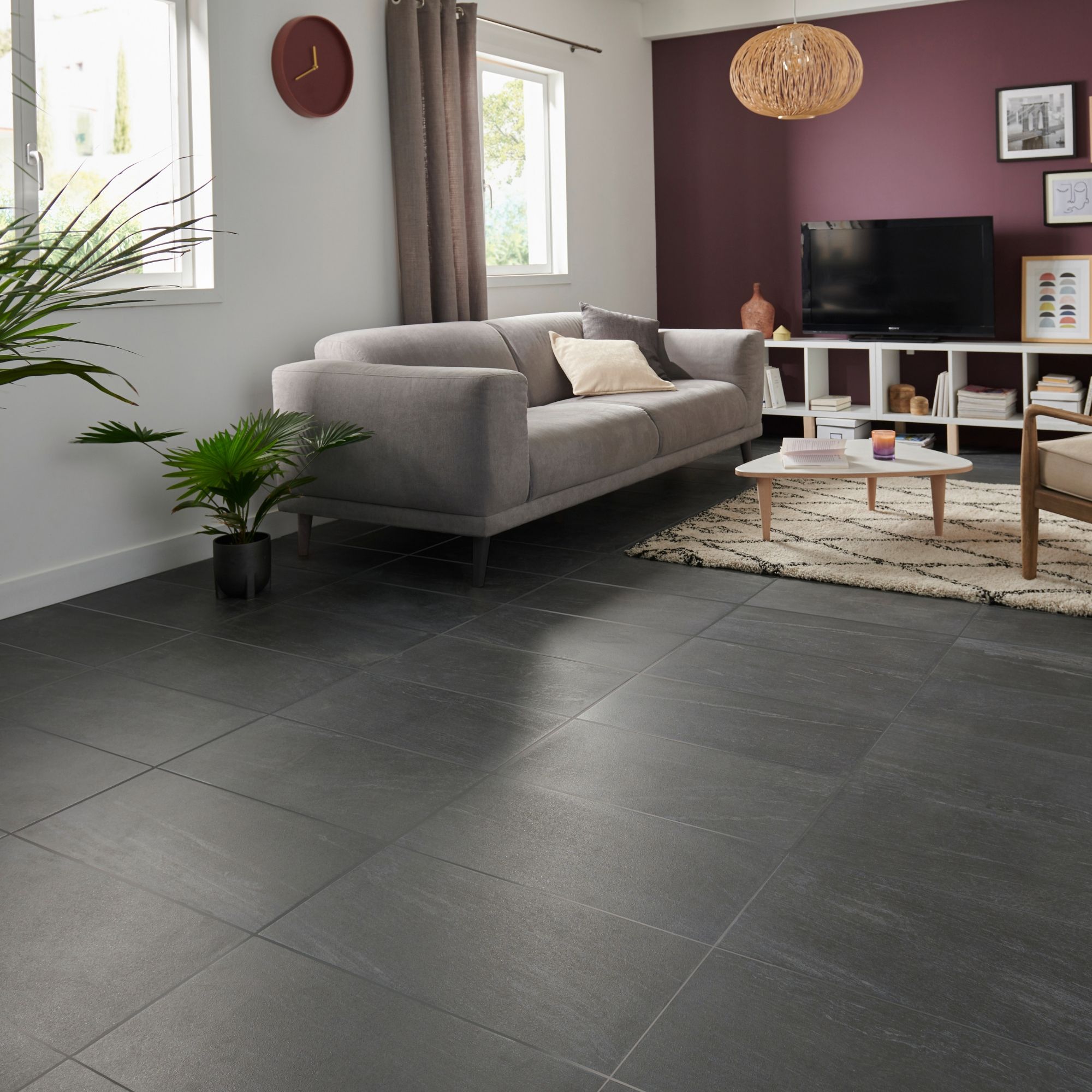 Colours Natural Anthracite Satin Stone effect Porcelain Indoor Wall ...