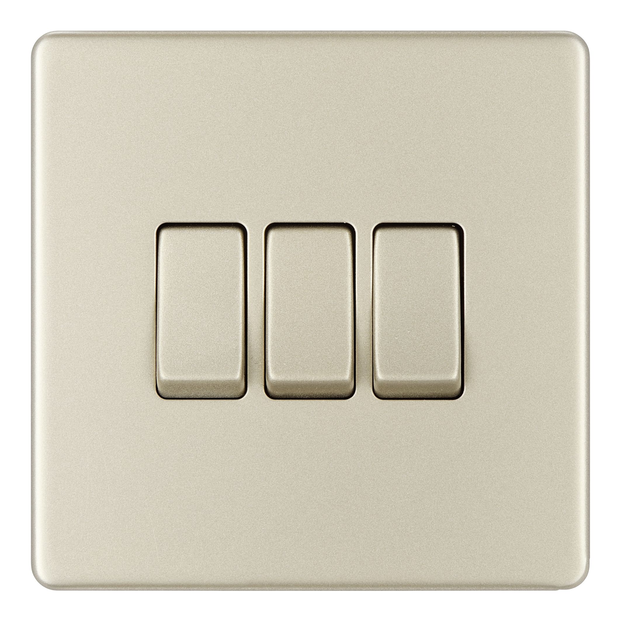 Colours Nickel 10A 2 way 3 gang Flat Light Screwless Switch