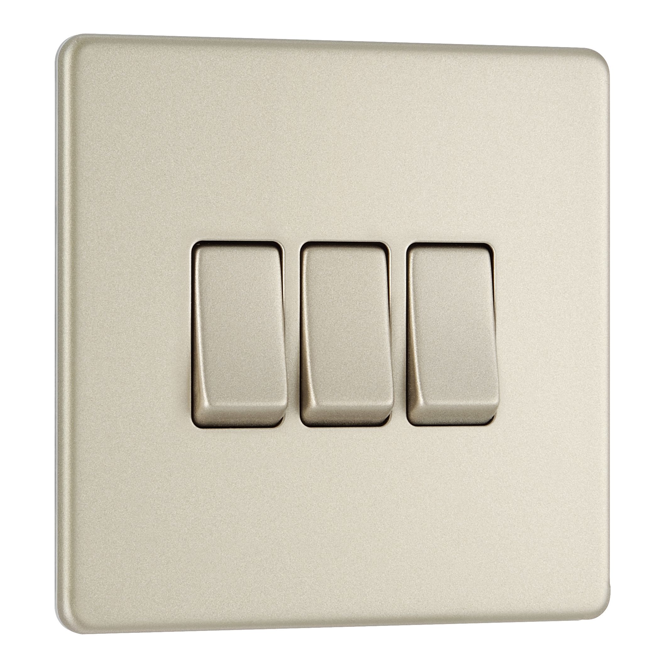 Colours Nickel 10A 2 way 3 gang Flat Light Screwless Switch
